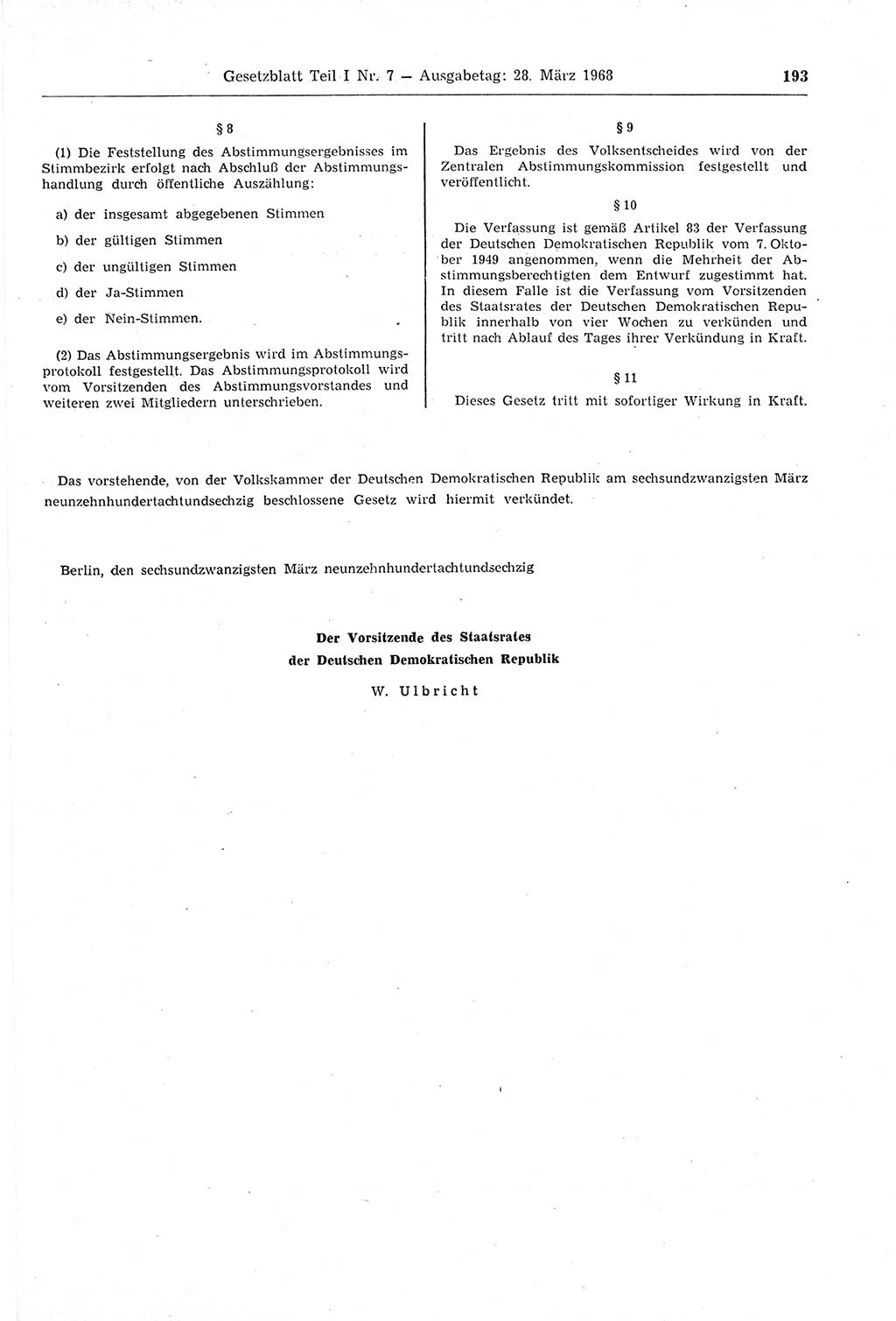 Gesetzblatt (GBl.) der Deutschen Demokratischen Republik (DDR) Teil Ⅰ 1968, Seite 193 (GBl. DDR Ⅰ 1968, S. 193)