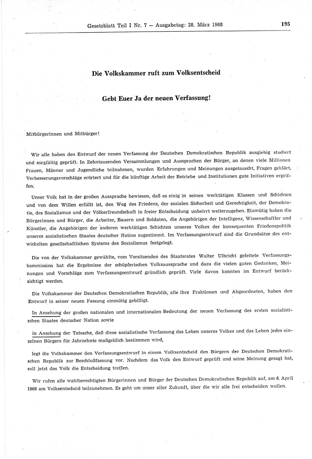 Gesetzblatt (GBl.) der Deutschen Demokratischen Republik (DDR) Teil Ⅰ 1968, Seite 195 (GBl. DDR Ⅰ 1968, S. 195)
