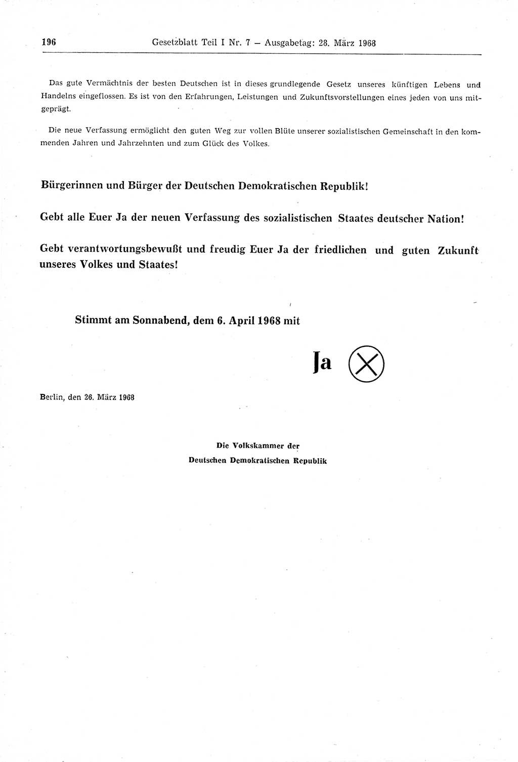 Gesetzblatt (GBl.) der Deutschen Demokratischen Republik (DDR) Teil Ⅰ 1968, Seite 196 (GBl. DDR Ⅰ 1968, S. 196)