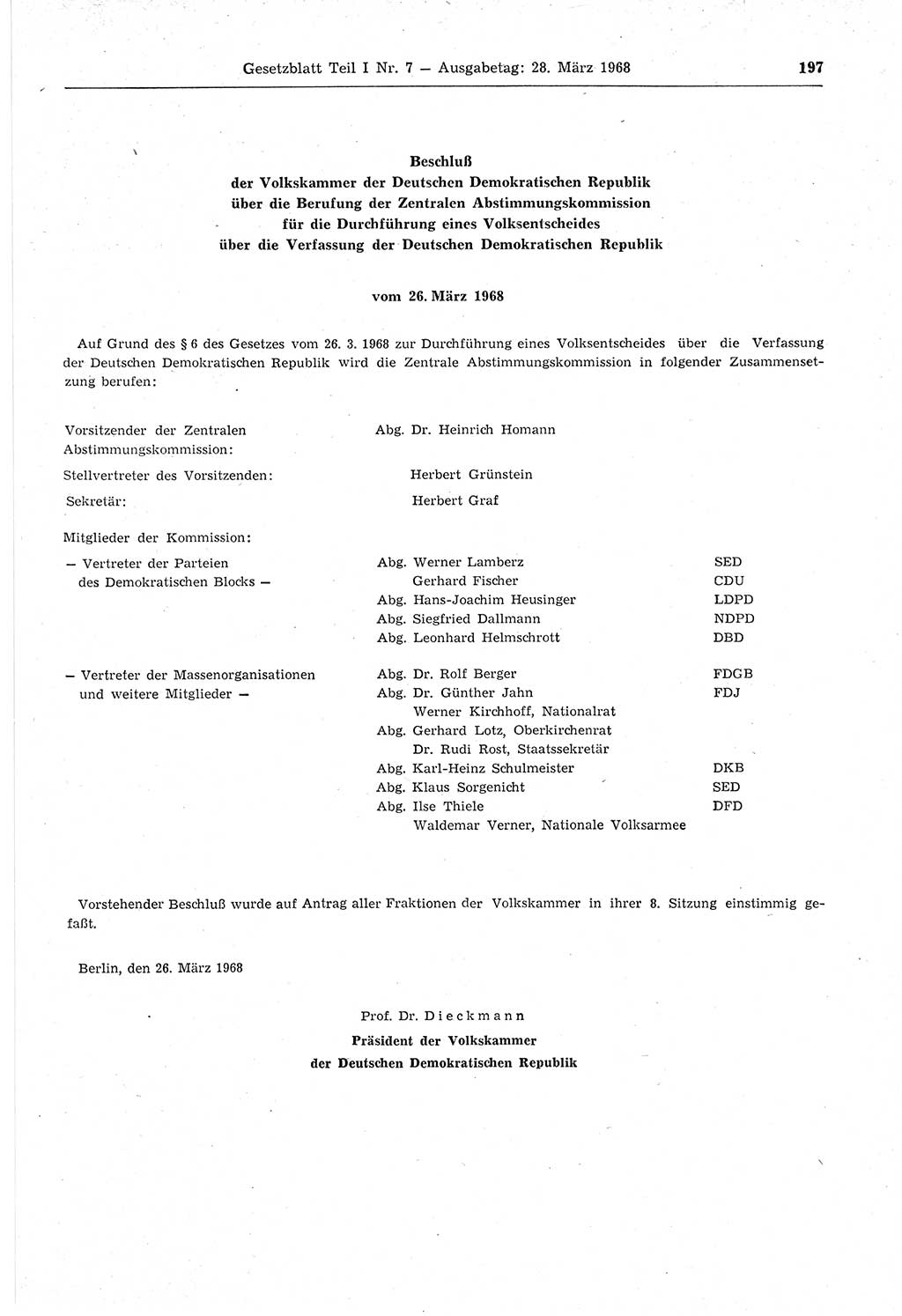 Gesetzblatt (GBl.) der Deutschen Demokratischen Republik (DDR) Teil Ⅰ 1968, Seite 197 (GBl. DDR Ⅰ 1968, S. 197)