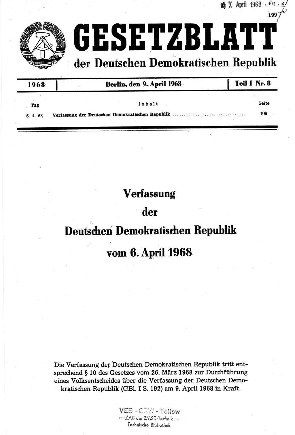 Gesetzblatt (GBl.) der Deutschen Demokratischen Republik (DDR) Teil Ⅰ 1968, Seite 199 (GBl. DDR Ⅰ 1968, S. 199)