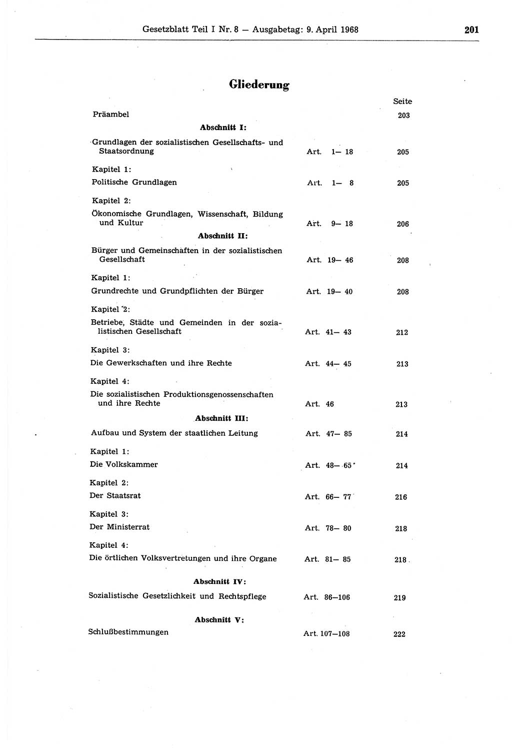 Gesetzblatt (GBl.) der Deutschen Demokratischen Republik (DDR) Teil Ⅰ 1968, Seite 201 (GBl. DDR Ⅰ 1968, S. 201)