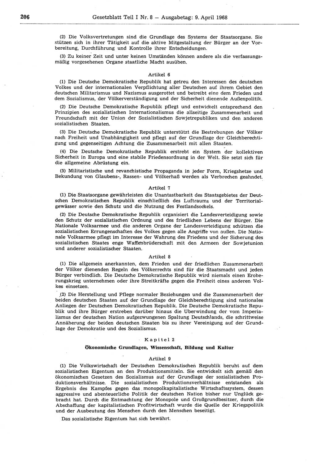 Gesetzblatt (GBl.) der Deutschen Demokratischen Republik (DDR) Teil Ⅰ 1968, Seite 206 (GBl. DDR Ⅰ 1968, S. 206)