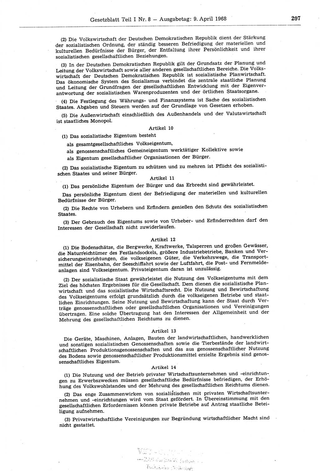 Gesetzblatt (GBl.) der Deutschen Demokratischen Republik (DDR) Teil Ⅰ 1968, Seite 207 (GBl. DDR Ⅰ 1968, S. 207)