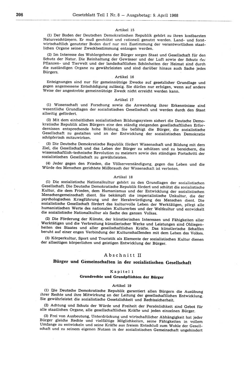 Gesetzblatt (GBl.) der Deutschen Demokratischen Republik (DDR) Teil Ⅰ 1968, Seite 208 (GBl. DDR Ⅰ 1968, S. 208)