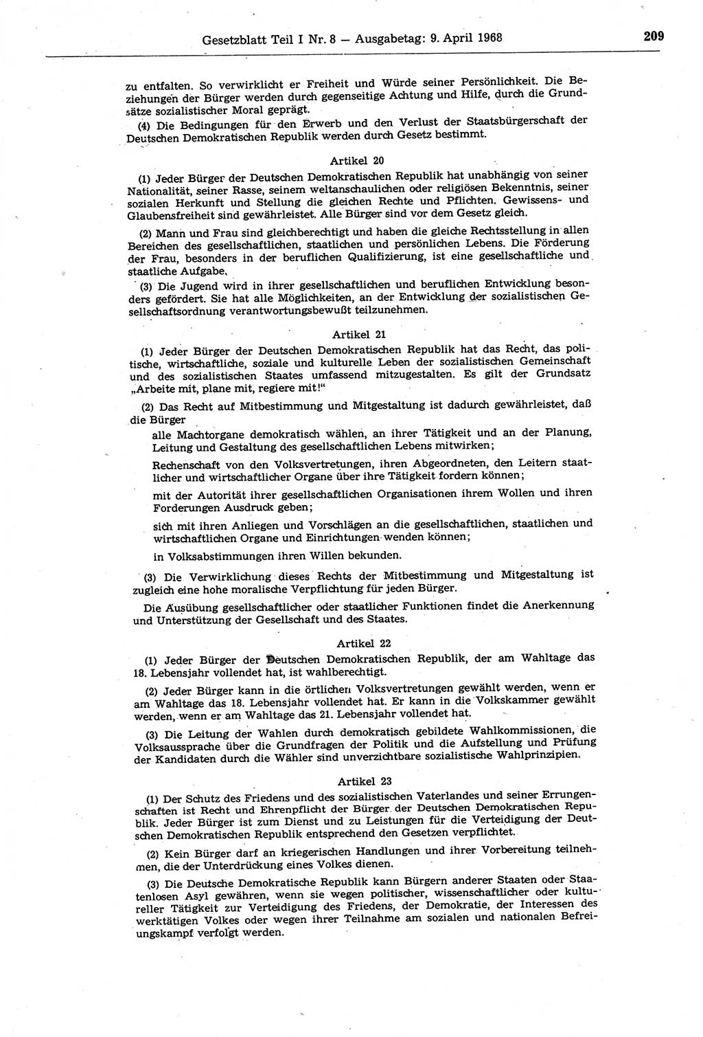 Gesetzblatt (GBl.) der Deutschen Demokratischen Republik (DDR) Teil Ⅰ 1968, Seite 209 (GBl. DDR Ⅰ 1968, S. 209)
