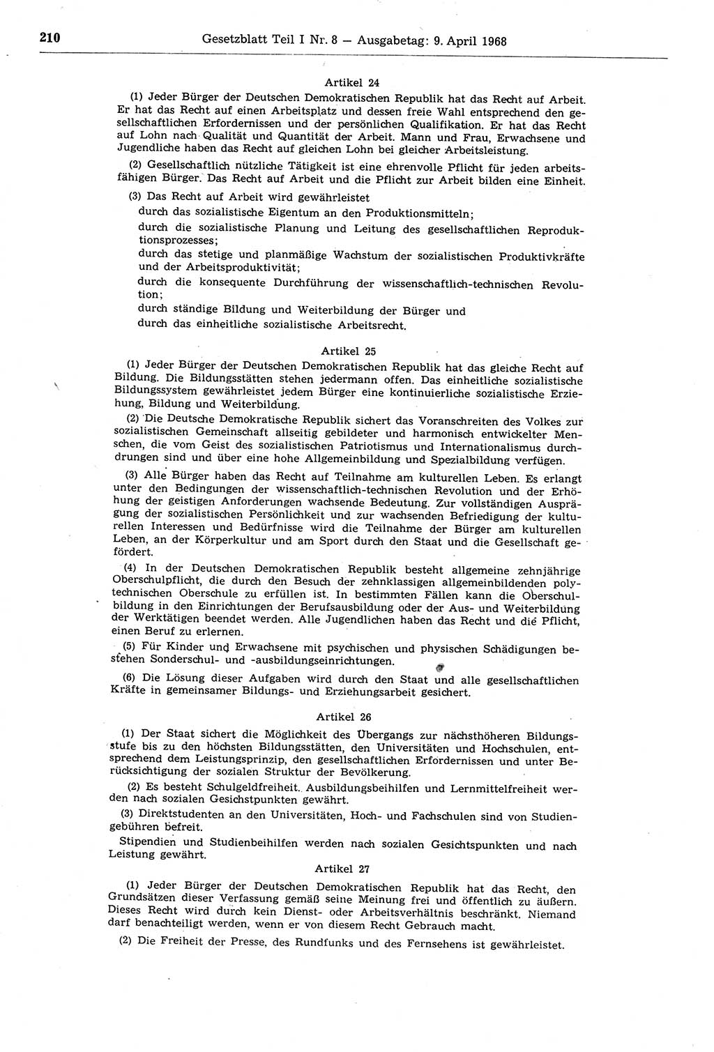 Gesetzblatt (GBl.) der Deutschen Demokratischen Republik (DDR) Teil Ⅰ 1968, Seite 210 (GBl. DDR Ⅰ 1968, S. 210)