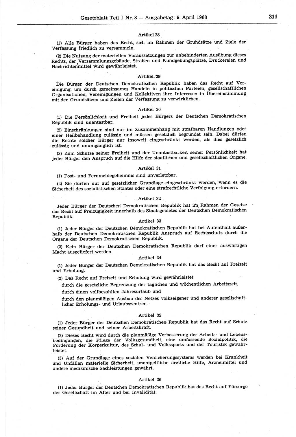 Gesetzblatt (GBl.) der Deutschen Demokratischen Republik (DDR) Teil Ⅰ 1968, Seite 211 (GBl. DDR Ⅰ 1968, S. 211)