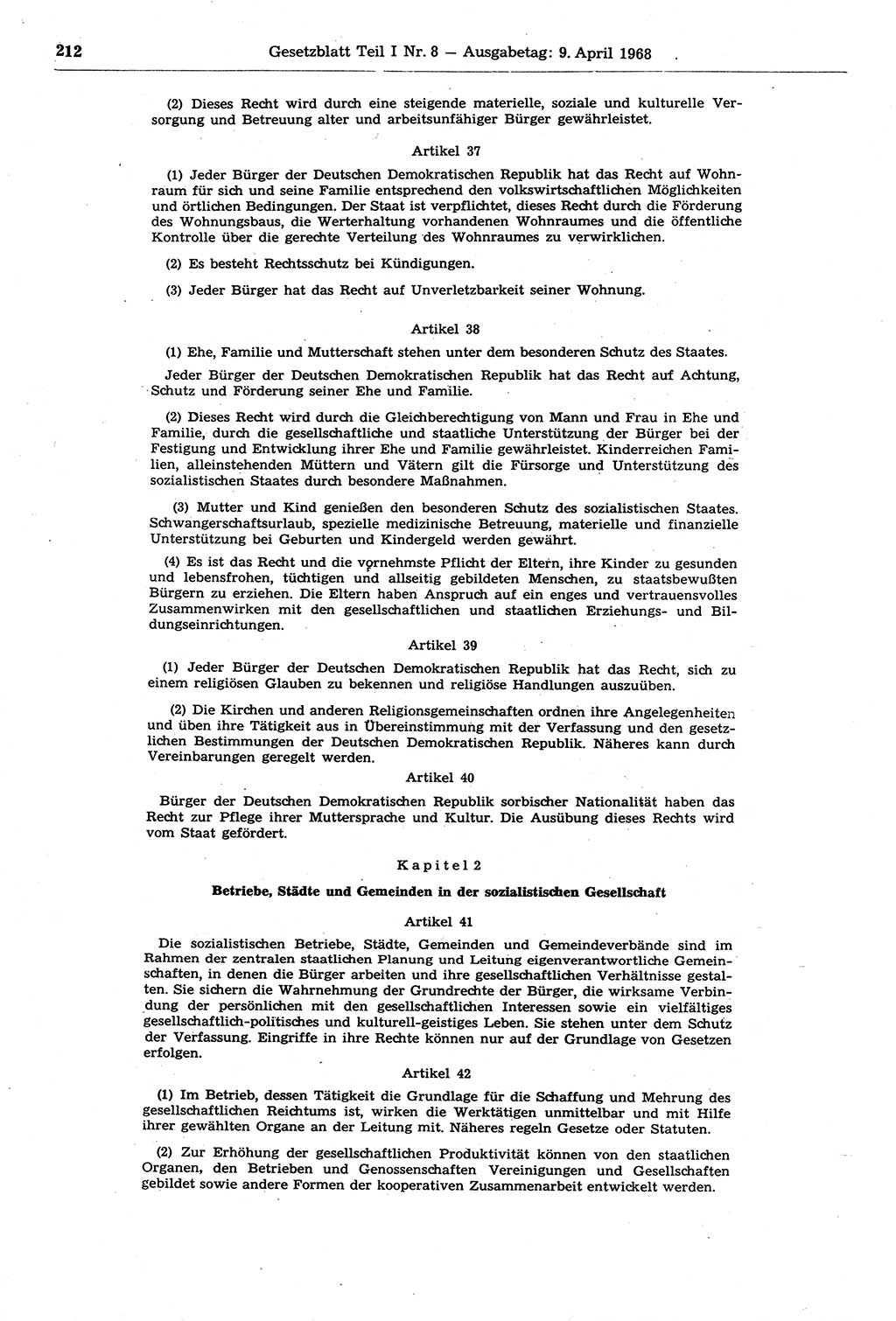 Gesetzblatt (GBl.) der Deutschen Demokratischen Republik (DDR) Teil Ⅰ 1968, Seite 212 (GBl. DDR Ⅰ 1968, S. 212)