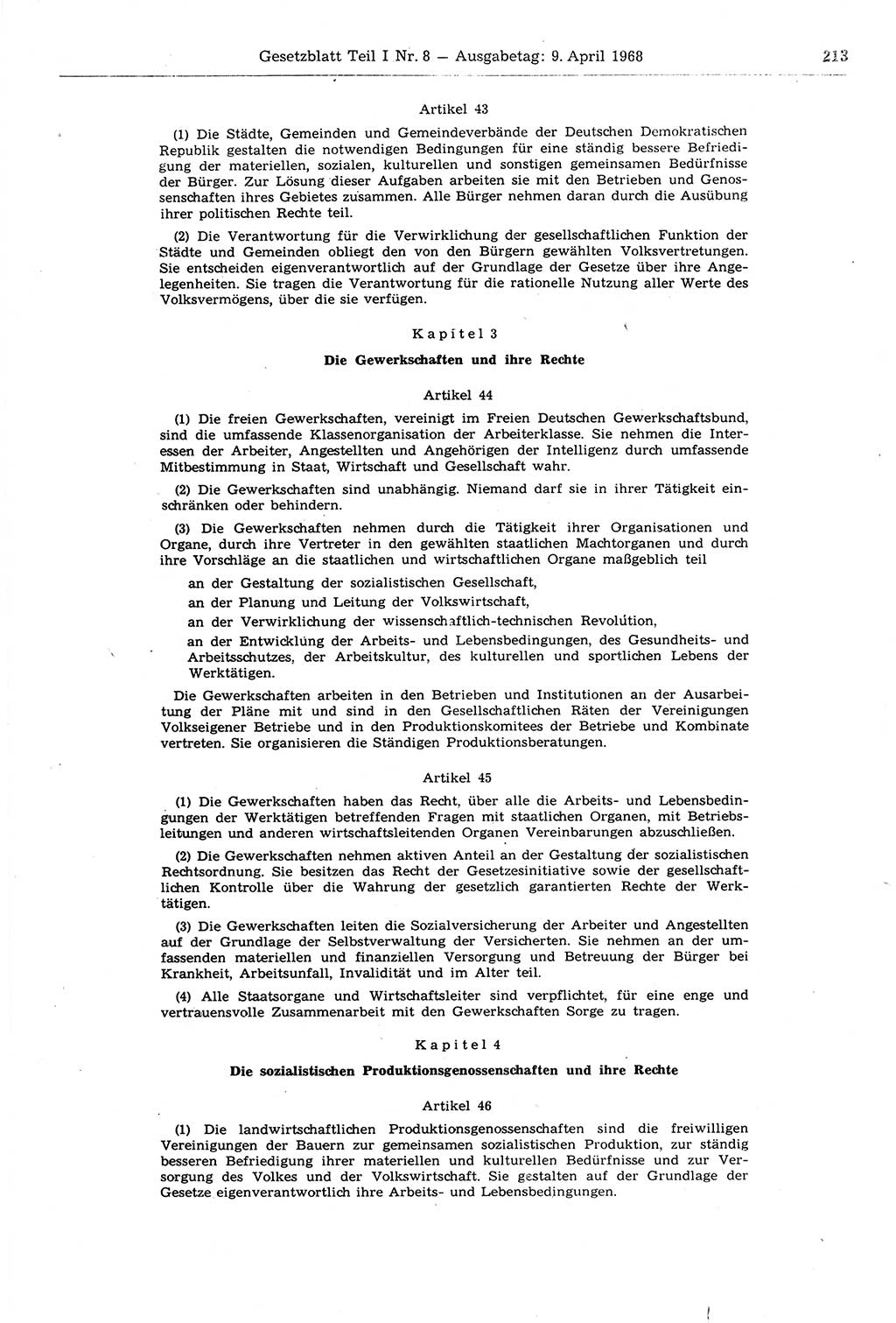 Gesetzblatt (GBl.) der Deutschen Demokratischen Republik (DDR) Teil Ⅰ 1968, Seite 213 (GBl. DDR Ⅰ 1968, S. 213)