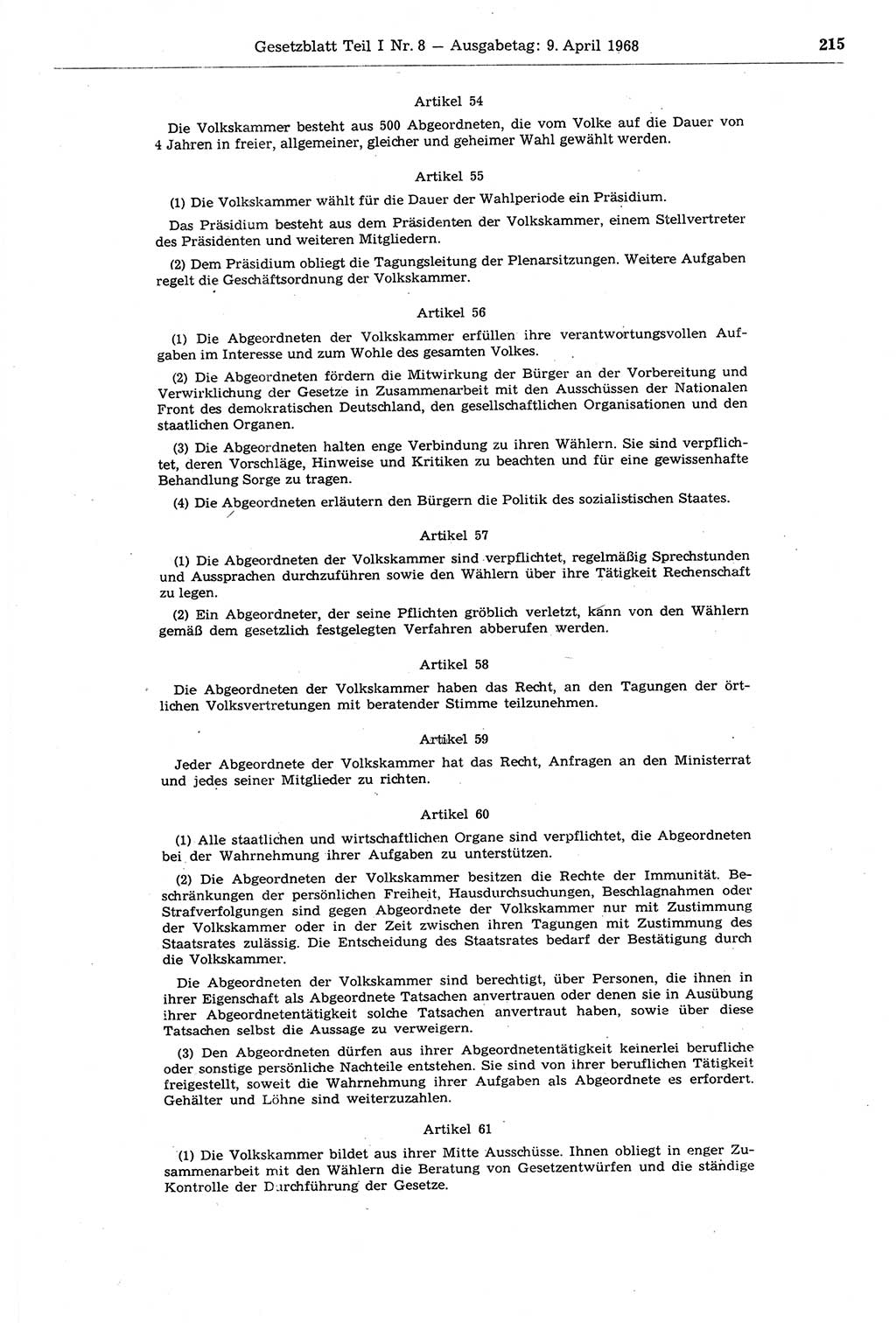 Gesetzblatt (GBl.) der Deutschen Demokratischen Republik (DDR) Teil Ⅰ 1968, Seite 215 (GBl. DDR Ⅰ 1968, S. 215)