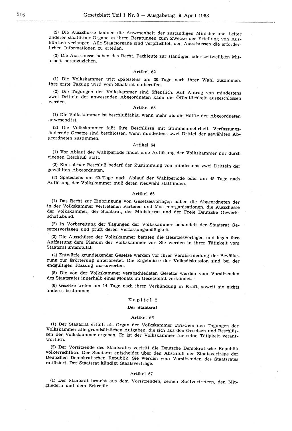 Gesetzblatt (GBl.) der Deutschen Demokratischen Republik (DDR) Teil Ⅰ 1968, Seite 216 (GBl. DDR Ⅰ 1968, S. 216)