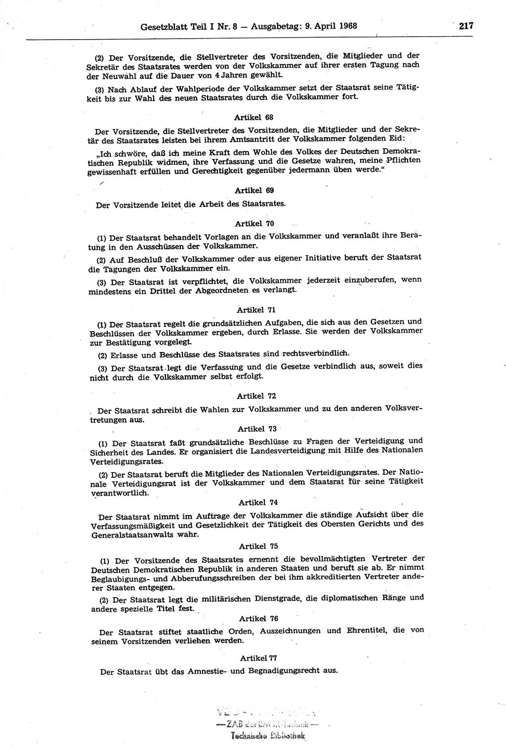 Gesetzblatt (GBl.) der Deutschen Demokratischen Republik (DDR) Teil Ⅰ 1968, Seite 217 (GBl. DDR Ⅰ 1968, S. 217)