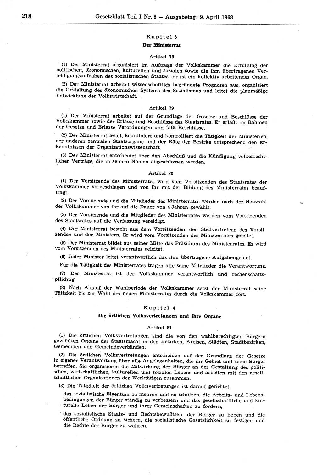 Gesetzblatt (GBl.) der Deutschen Demokratischen Republik (DDR) Teil Ⅰ 1968, Seite 218 (GBl. DDR Ⅰ 1968, S. 218)
