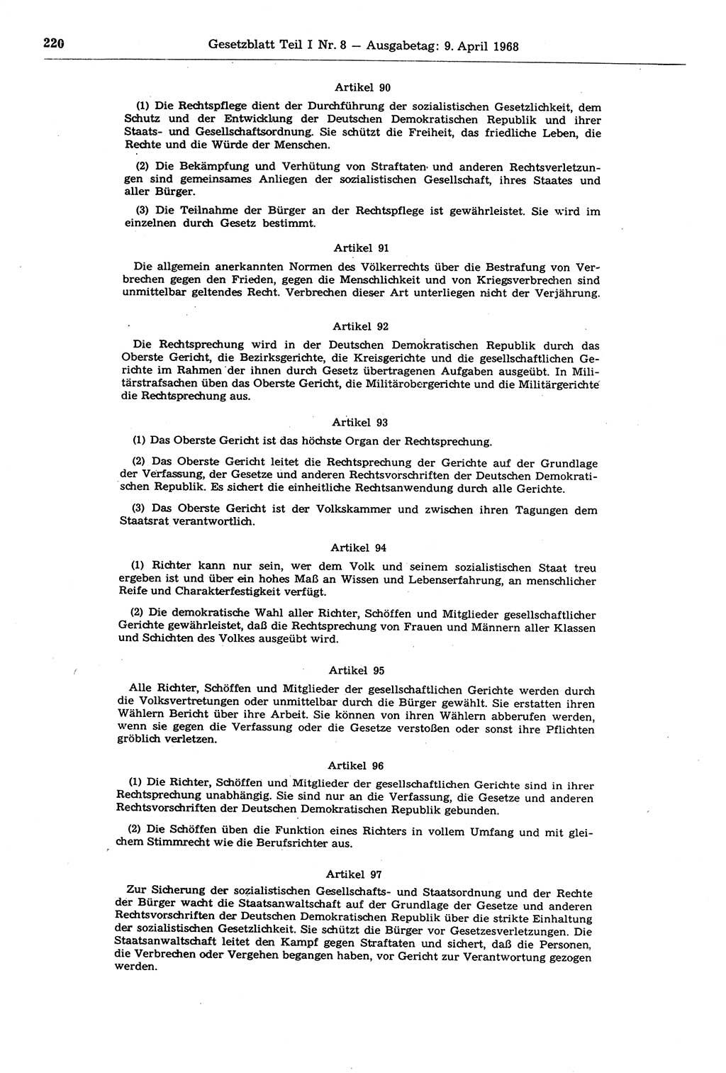 Gesetzblatt (GBl.) der Deutschen Demokratischen Republik (DDR) Teil Ⅰ 1968, Seite 220 (GBl. DDR Ⅰ 1968, S. 220)
