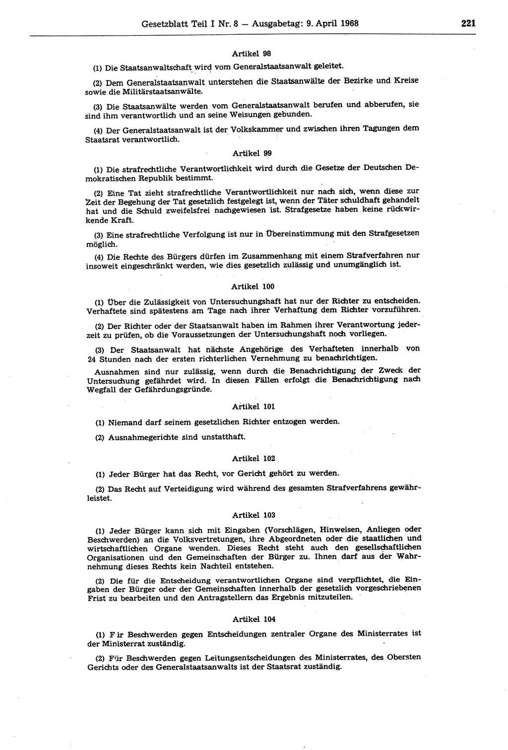 Gesetzblatt (GBl.) der Deutschen Demokratischen Republik (DDR) Teil Ⅰ 1968, Seite 221 (GBl. DDR Ⅰ 1968, S. 221)