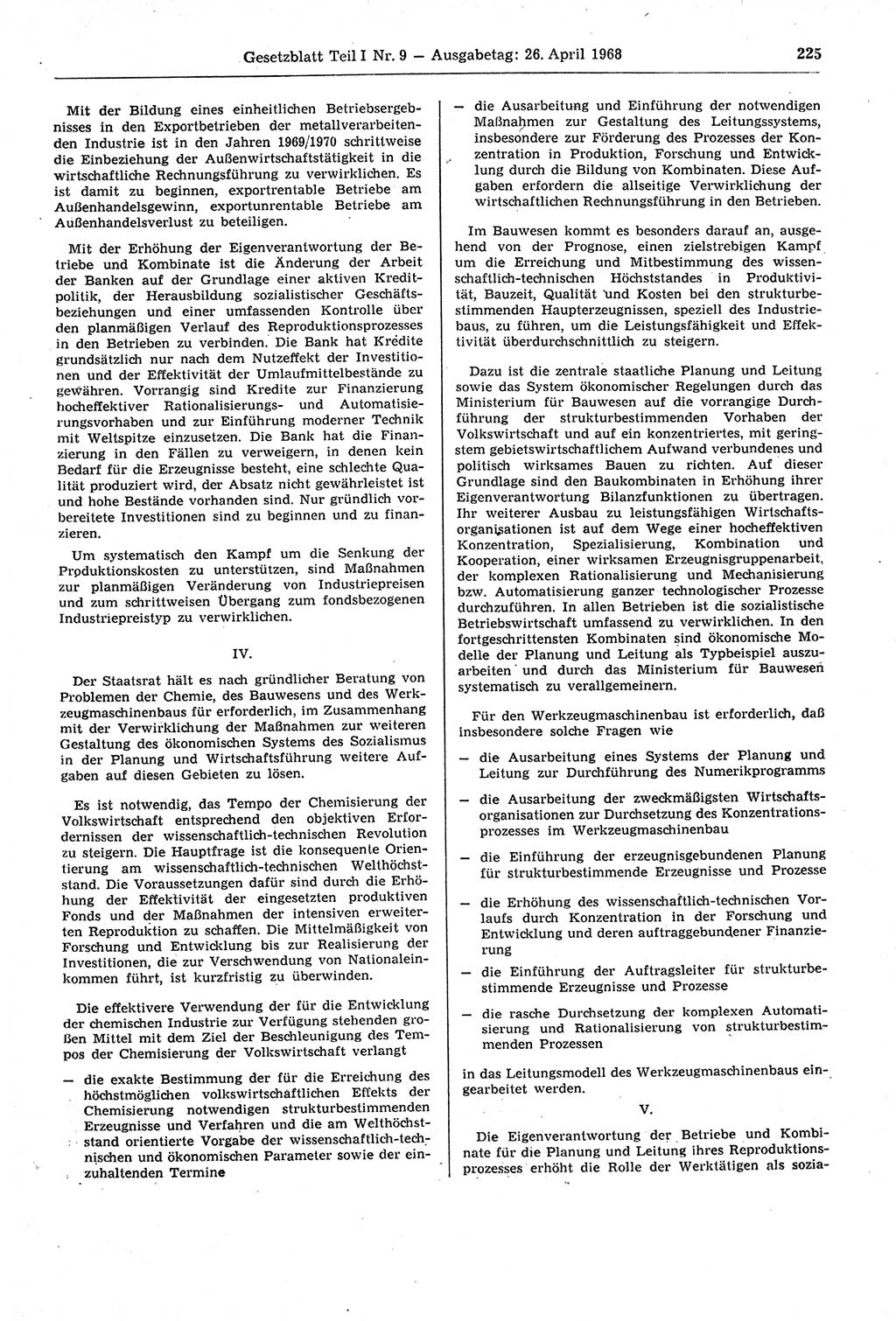 Gesetzblatt (GBl.) der Deutschen Demokratischen Republik (DDR) Teil Ⅰ 1968, Seite 225 (GBl. DDR Ⅰ 1968, S. 225)
