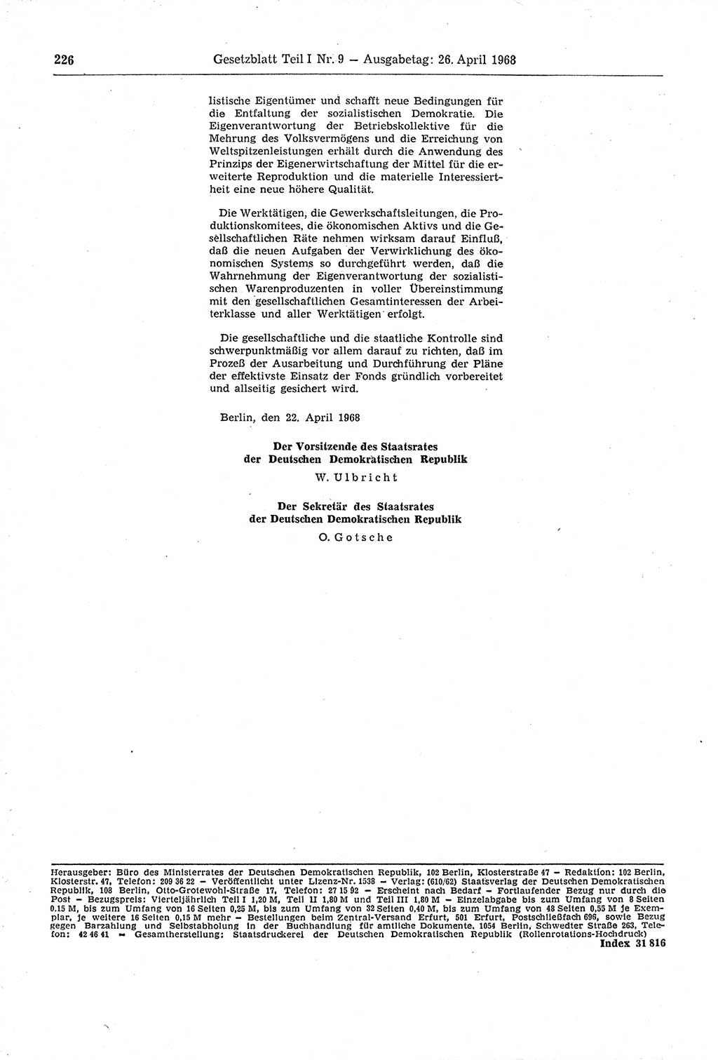 Gesetzblatt (GBl.) der Deutschen Demokratischen Republik (DDR) Teil Ⅰ 1968, Seite 226 (GBl. DDR Ⅰ 1968, S. 226)