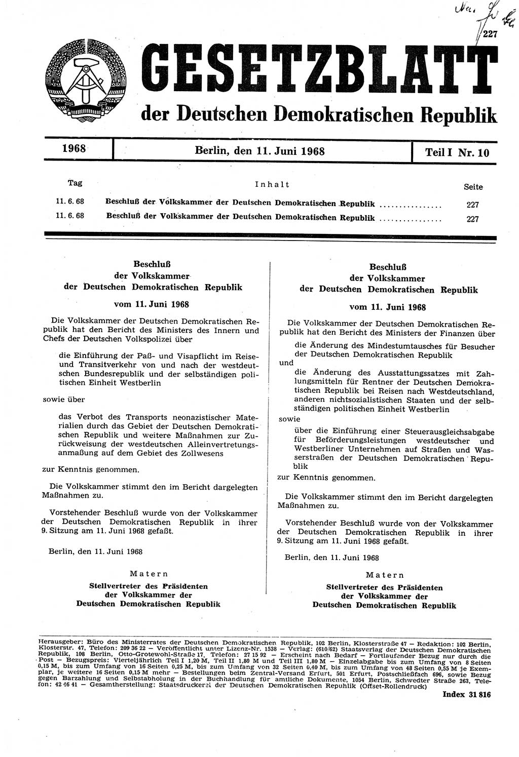 Gesetzblatt (GBl.) der Deutschen Demokratischen Republik (DDR) Teil Ⅰ 1968, Seite 227 (GBl. DDR Ⅰ 1968, S. 227)
