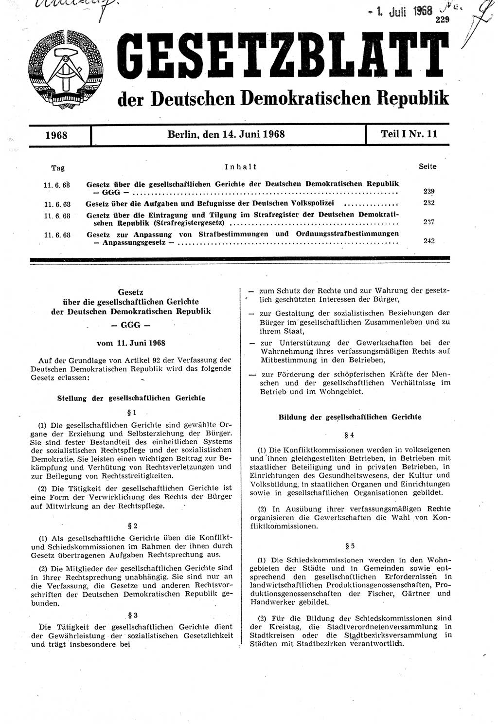 Gesetzblatt (GBl.) der Deutschen Demokratischen Republik (DDR) Teil Ⅰ 1968, Seite 229 (GBl. DDR Ⅰ 1968, S. 229)