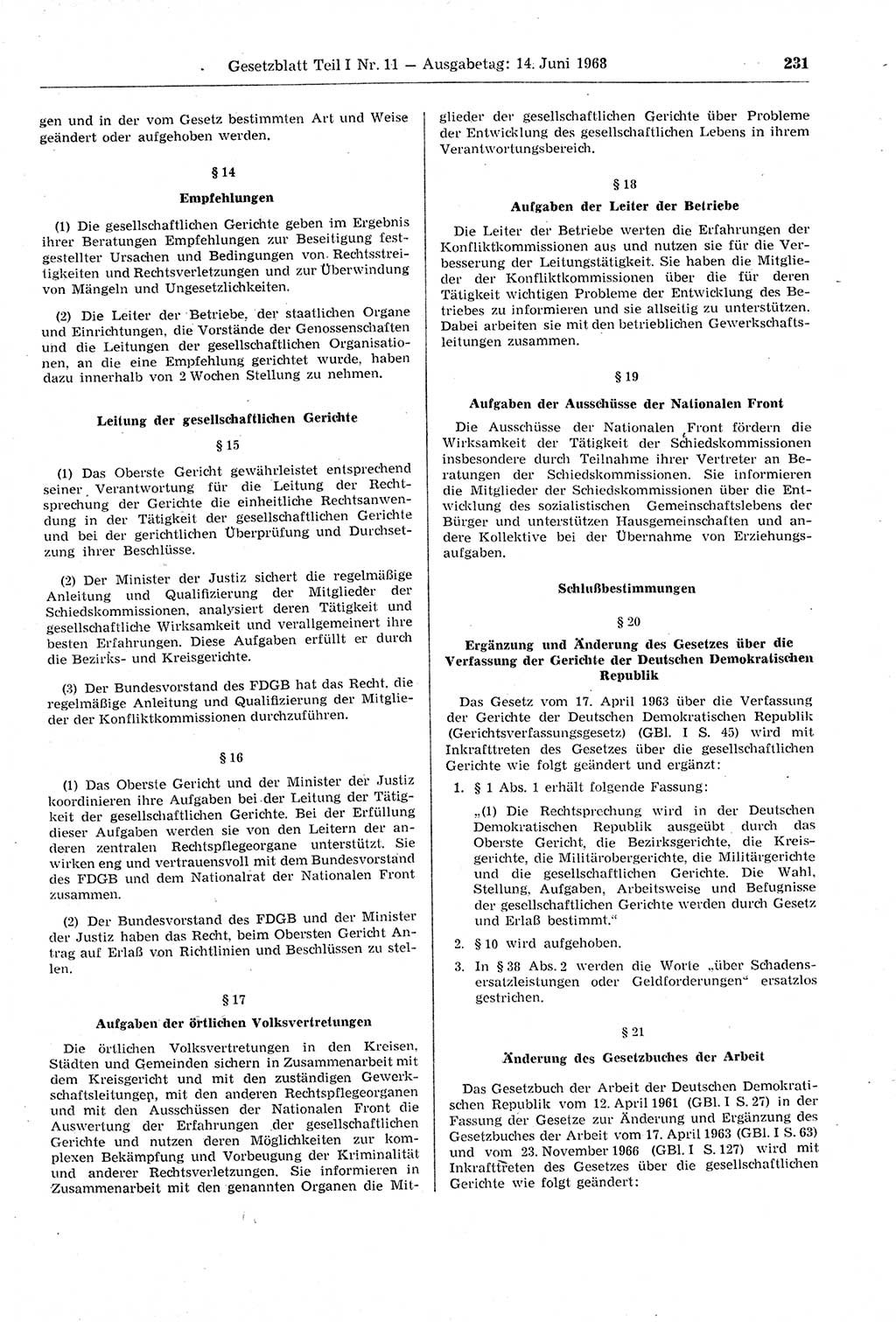 Gesetzblatt (GBl.) der Deutschen Demokratischen Republik (DDR) Teil Ⅰ 1968, Seite 231 (GBl. DDR Ⅰ 1968, S. 231)