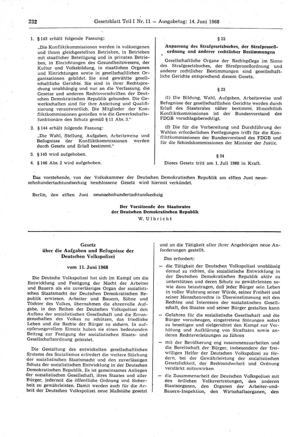 Gesetzblatt (GBl.) der Deutschen Demokratischen Republik (DDR) Teil Ⅰ 1968, Seite 232 (GBl. DDR Ⅰ 1968, S. 232)