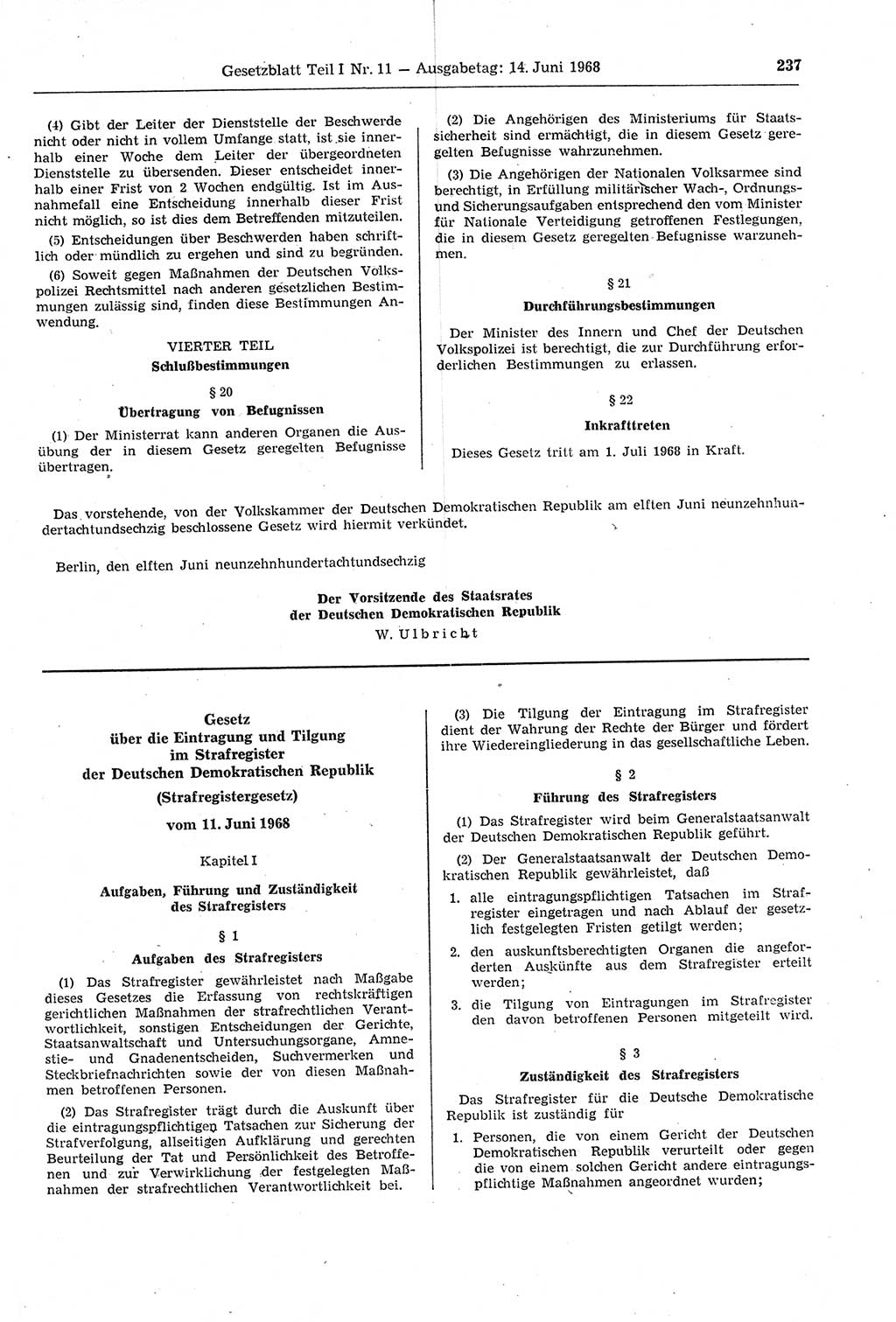 Gesetzblatt (GBl.) der Deutschen Demokratischen Republik (DDR) Teil Ⅰ 1968, Seite 237 (GBl. DDR Ⅰ 1968, S. 237)