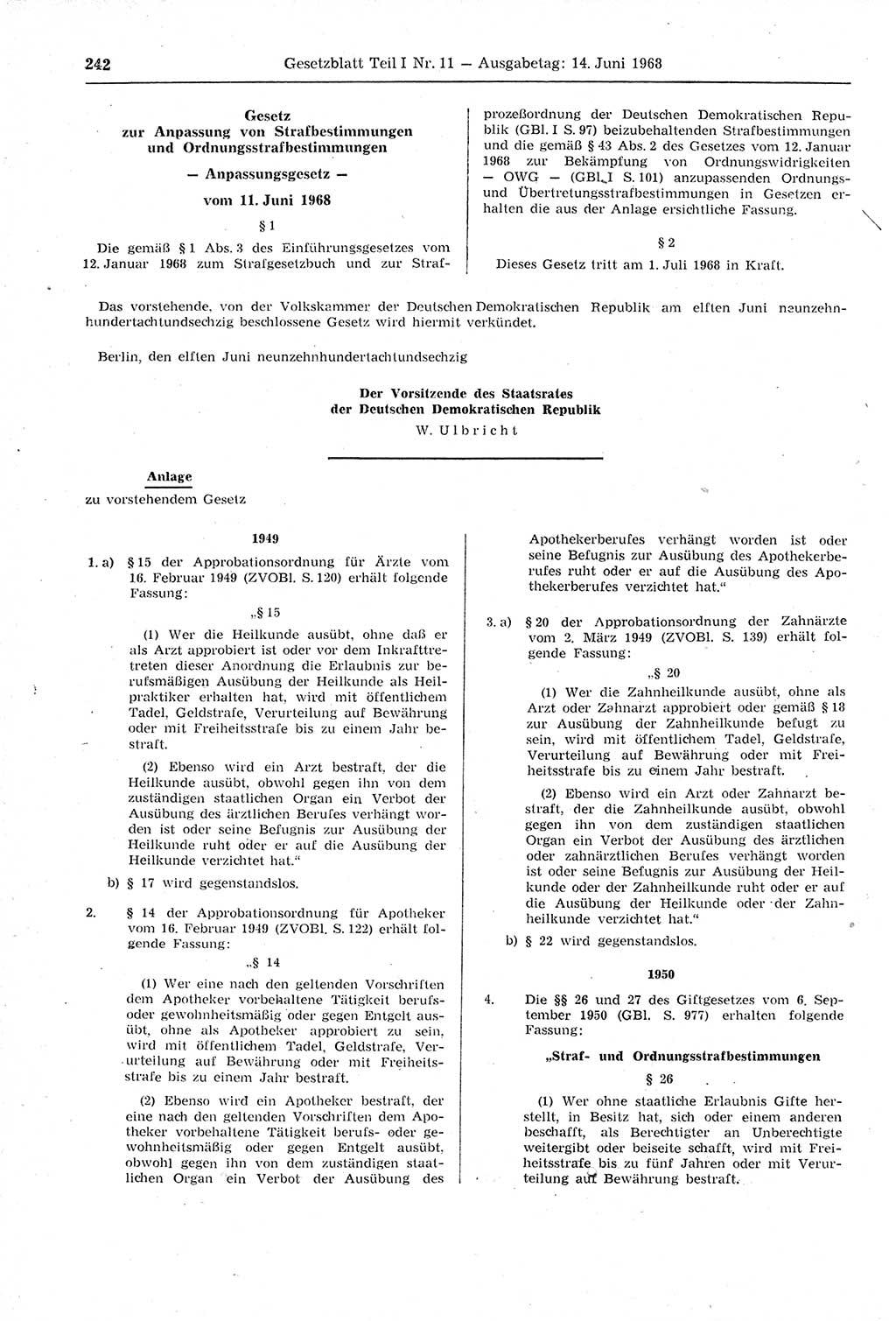 Gesetzblatt (GBl.) der Deutschen Demokratischen Republik (DDR) Teil Ⅰ 1968, Seite 242 (GBl. DDR Ⅰ 1968, S. 242)