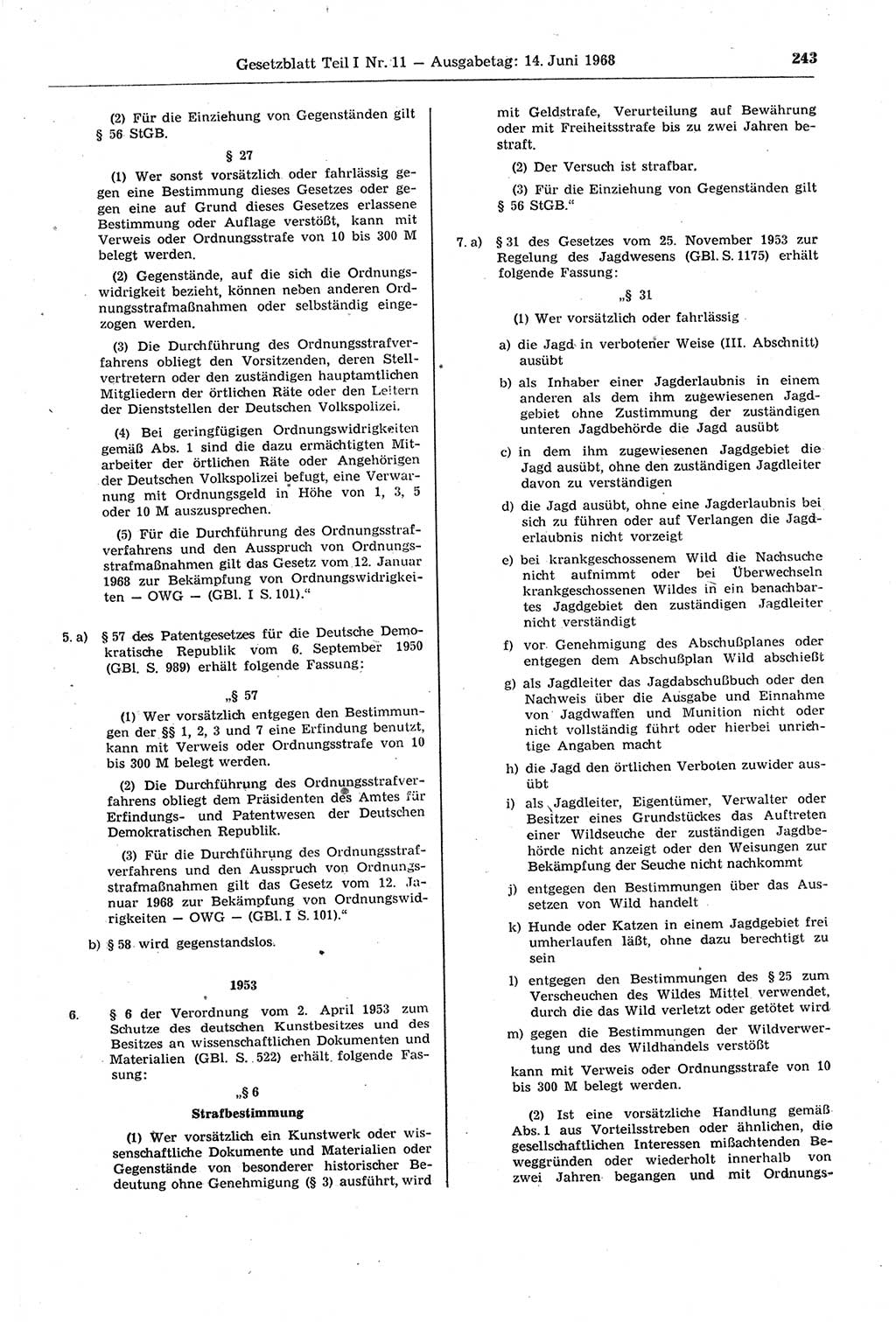 Gesetzblatt (GBl.) der Deutschen Demokratischen Republik (DDR) Teil Ⅰ 1968, Seite 243 (GBl. DDR Ⅰ 1968, S. 243)