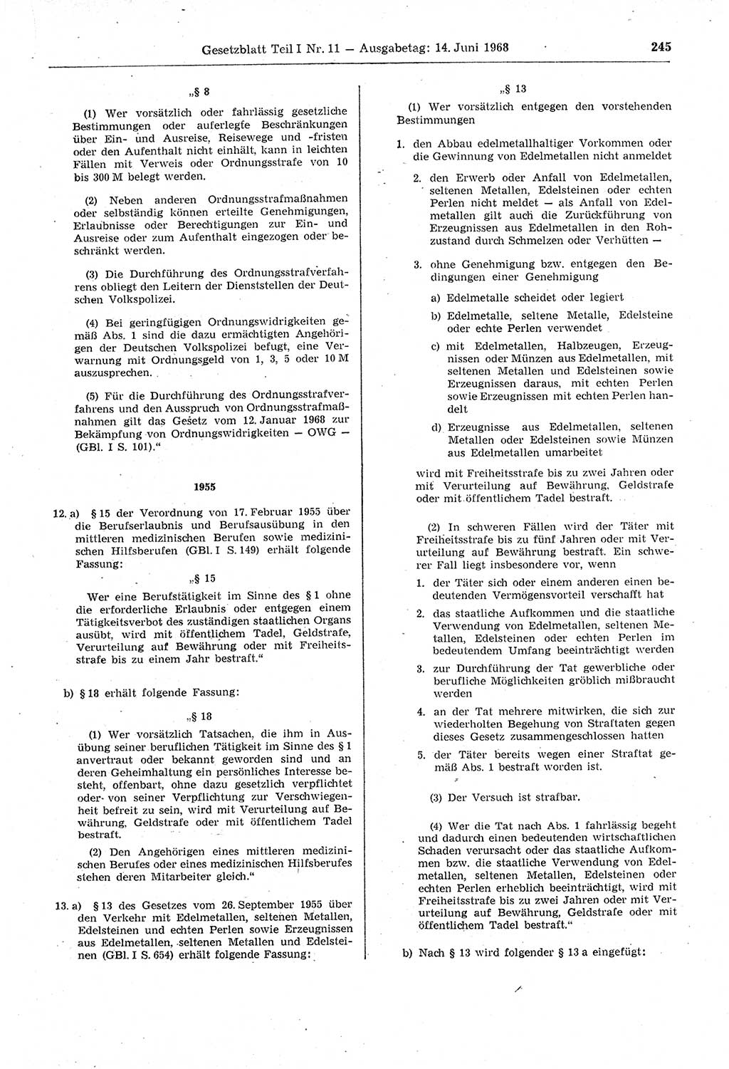 Gesetzblatt (GBl.) der Deutschen Demokratischen Republik (DDR) Teil Ⅰ 1968, Seite 245 (GBl. DDR Ⅰ 1968, S. 245)