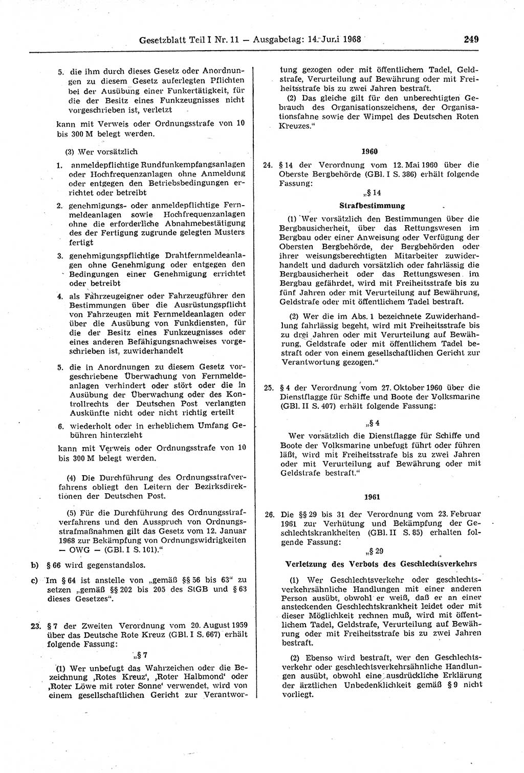 Gesetzblatt (GBl.) der Deutschen Demokratischen Republik (DDR) Teil Ⅰ 1968, Seite 249 (GBl. DDR Ⅰ 1968, S. 249)