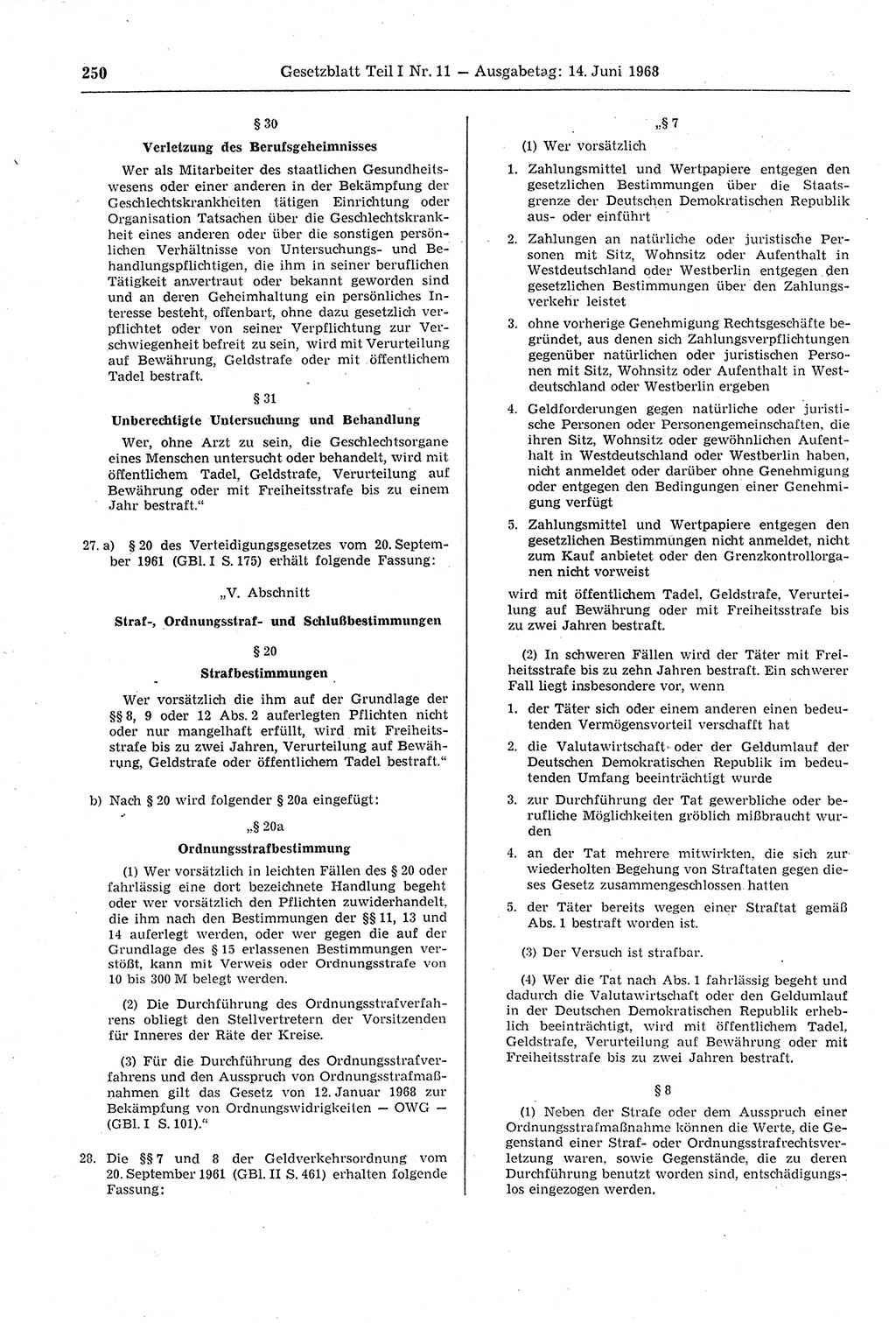 Gesetzblatt (GBl.) der Deutschen Demokratischen Republik (DDR) Teil Ⅰ 1968, Seite 250 (GBl. DDR Ⅰ 1968, S. 250)