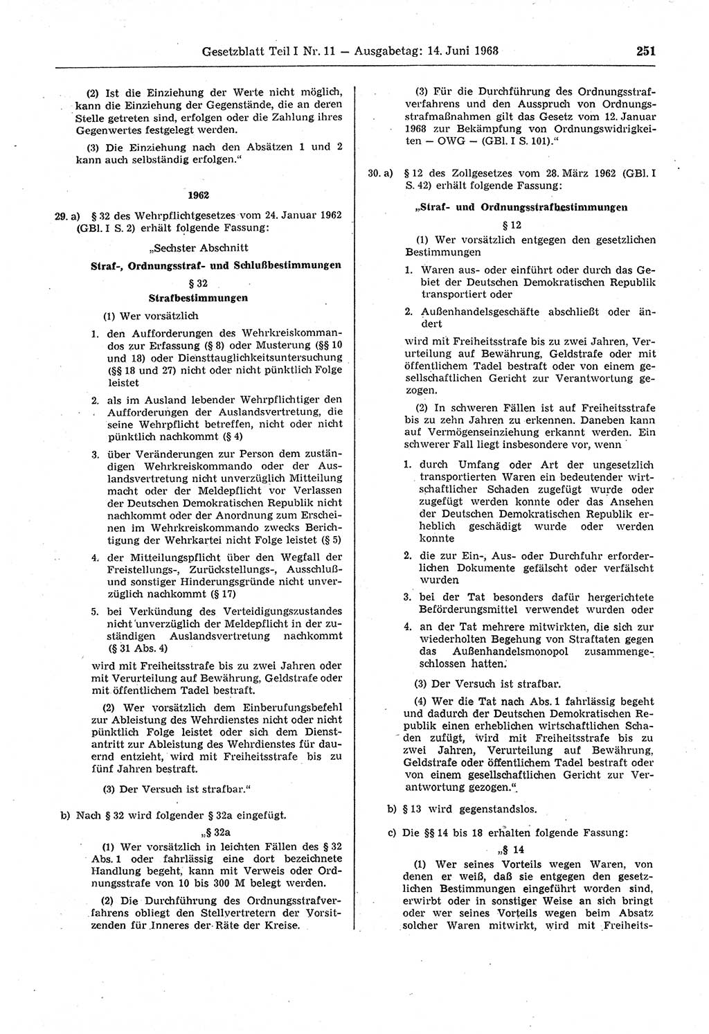 Gesetzblatt (GBl.) der Deutschen Demokratischen Republik (DDR) Teil Ⅰ 1968, Seite 251 (GBl. DDR Ⅰ 1968, S. 251)