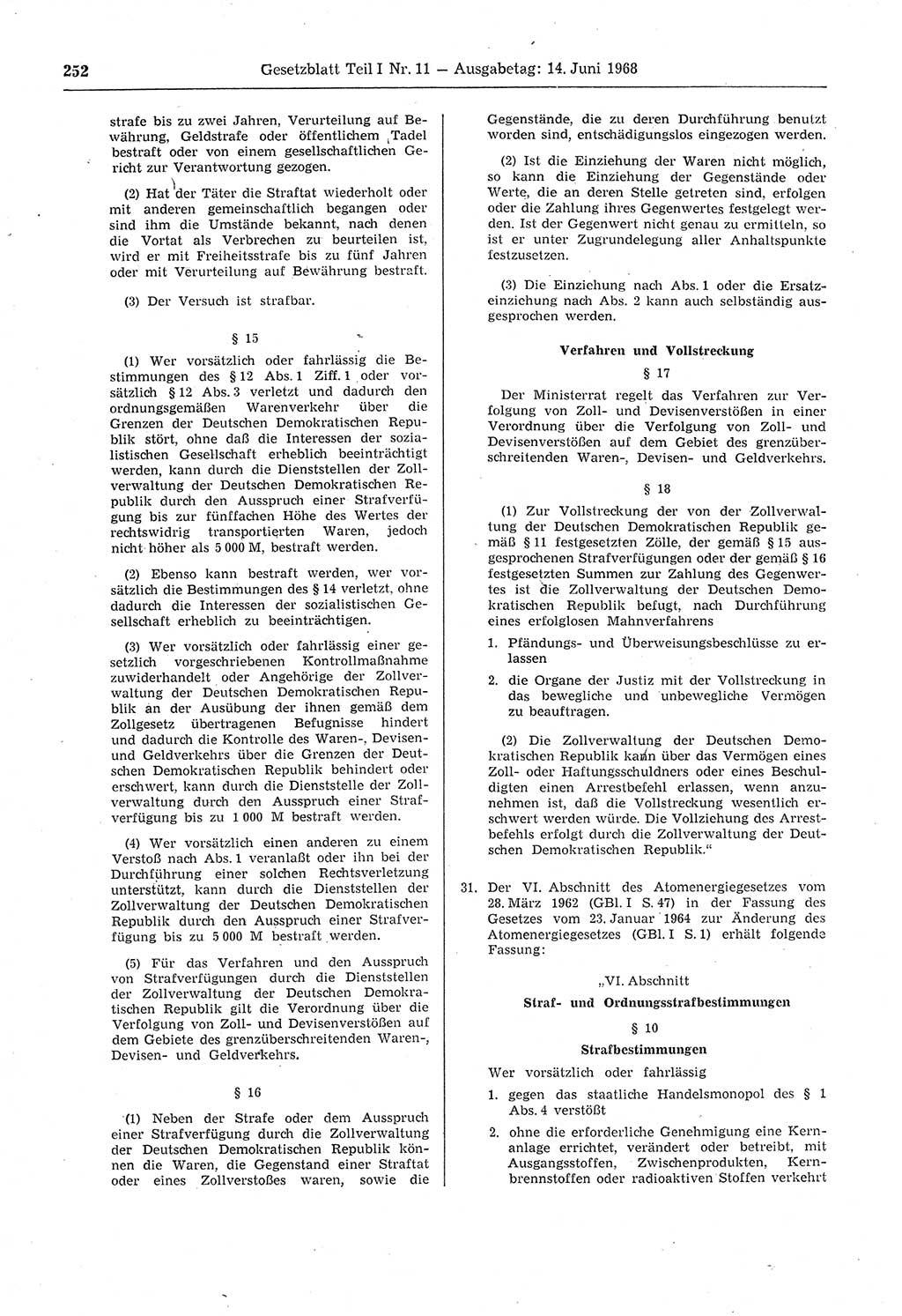 Gesetzblatt (GBl.) der Deutschen Demokratischen Republik (DDR) Teil Ⅰ 1968, Seite 252 (GBl. DDR Ⅰ 1968, S. 252)