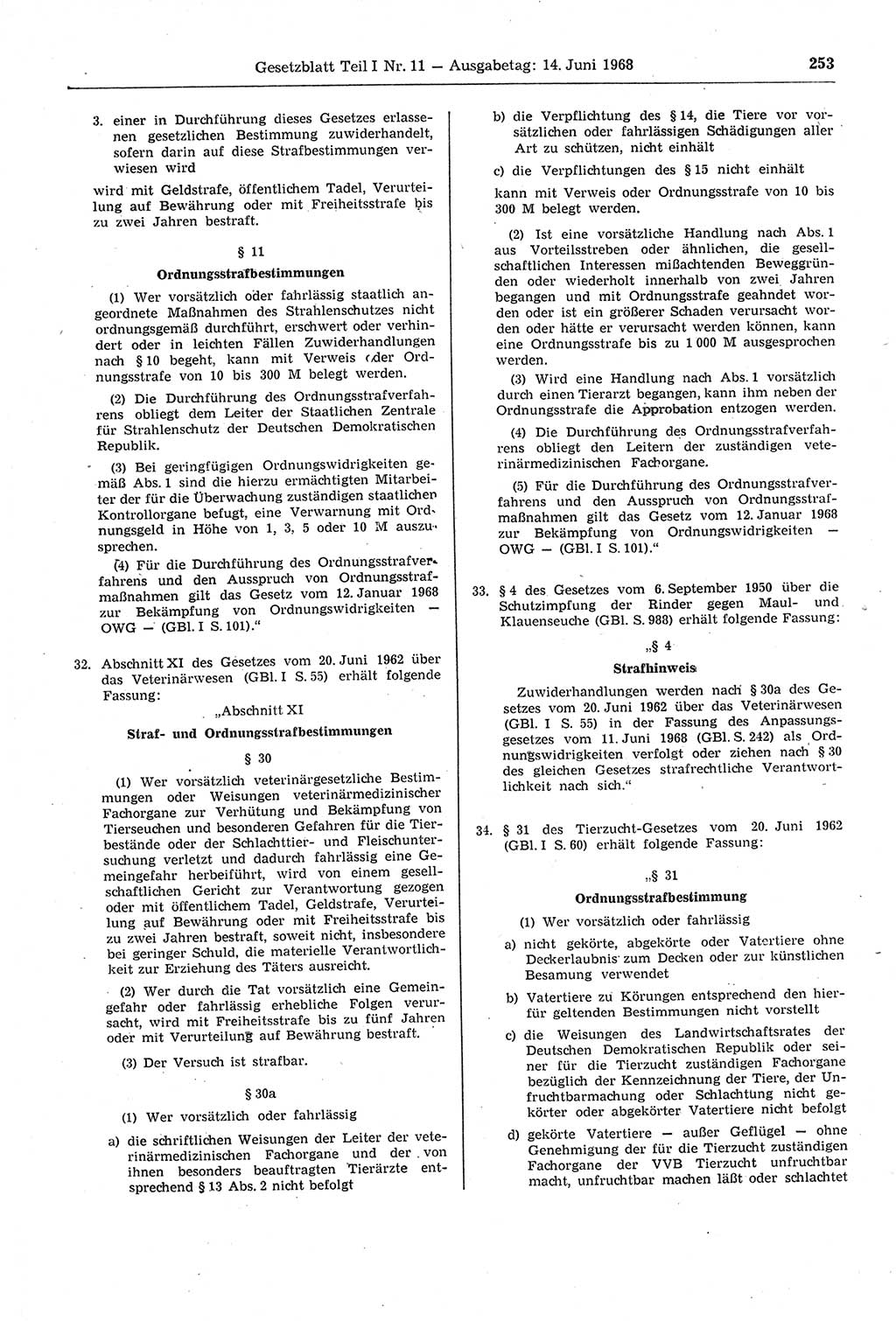 Gesetzblatt (GBl.) der Deutschen Demokratischen Republik (DDR) Teil Ⅰ 1968, Seite 253 (GBl. DDR Ⅰ 1968, S. 253)