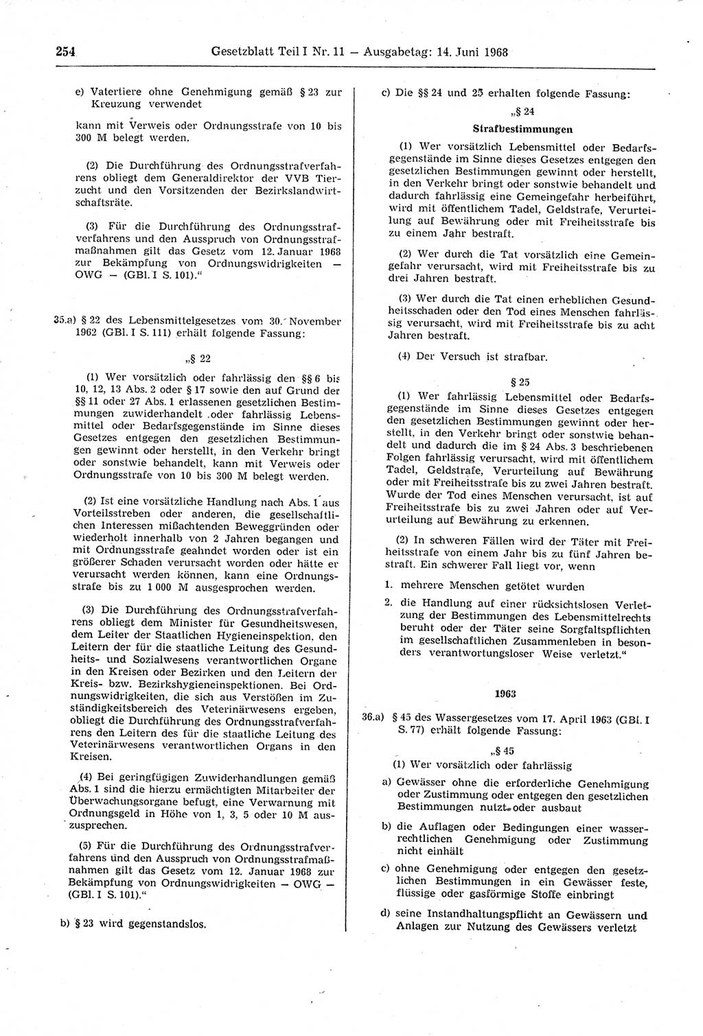Gesetzblatt (GBl.) der Deutschen Demokratischen Republik (DDR) Teil Ⅰ 1968, Seite 254 (GBl. DDR Ⅰ 1968, S. 254)