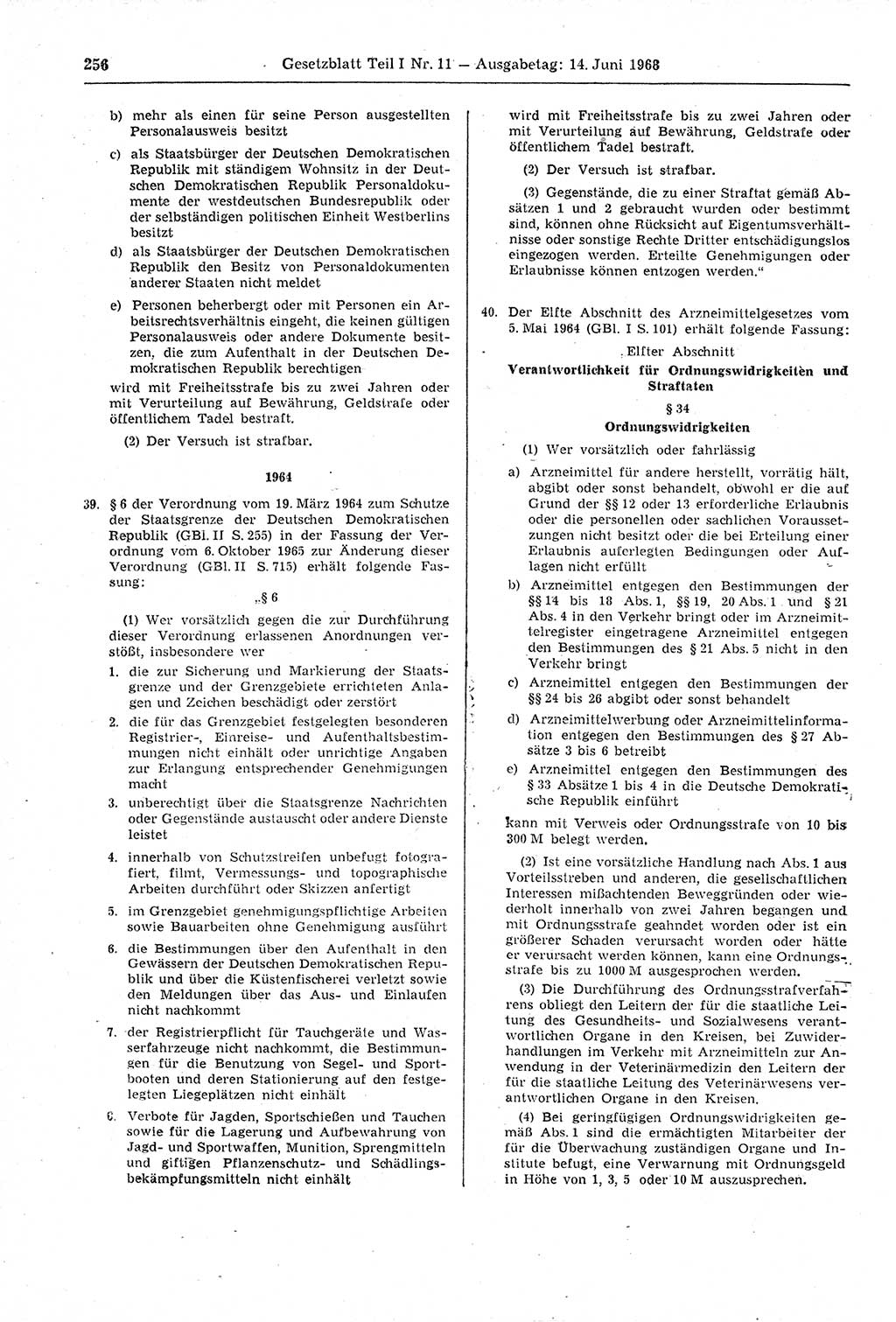 Gesetzblatt (GBl.) der Deutschen Demokratischen Republik (DDR) Teil Ⅰ 1968, Seite 256 (GBl. DDR Ⅰ 1968, S. 256)