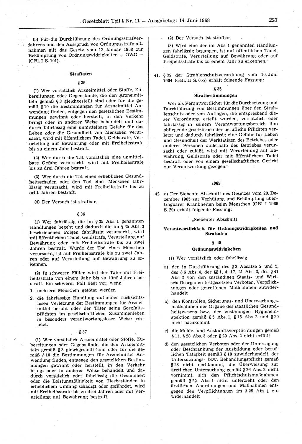 Gesetzblatt (GBl.) der Deutschen Demokratischen Republik (DDR) Teil Ⅰ 1968, Seite 257 (GBl. DDR Ⅰ 1968, S. 257)