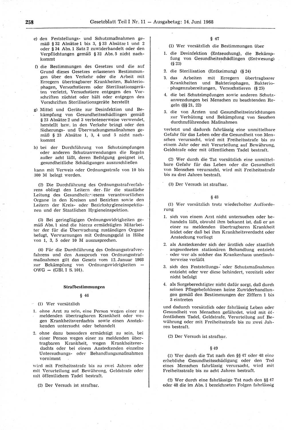 Gesetzblatt (GBl.) der Deutschen Demokratischen Republik (DDR) Teil Ⅰ 1968, Seite 258 (GBl. DDR Ⅰ 1968, S. 258)