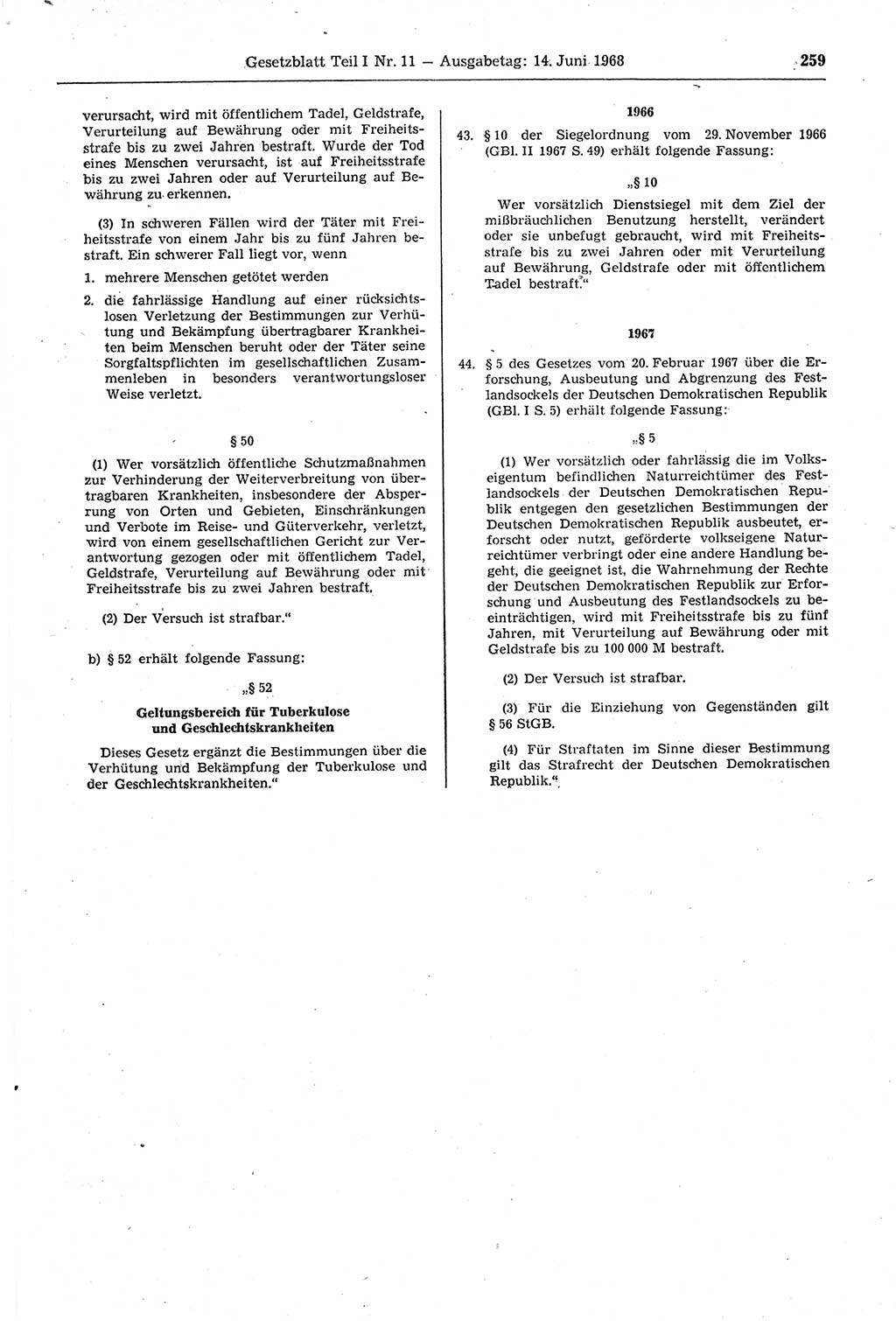 Gesetzblatt (GBl.) der Deutschen Demokratischen Republik (DDR) Teil Ⅰ 1968, Seite 259 (GBl. DDR Ⅰ 1968, S. 259)