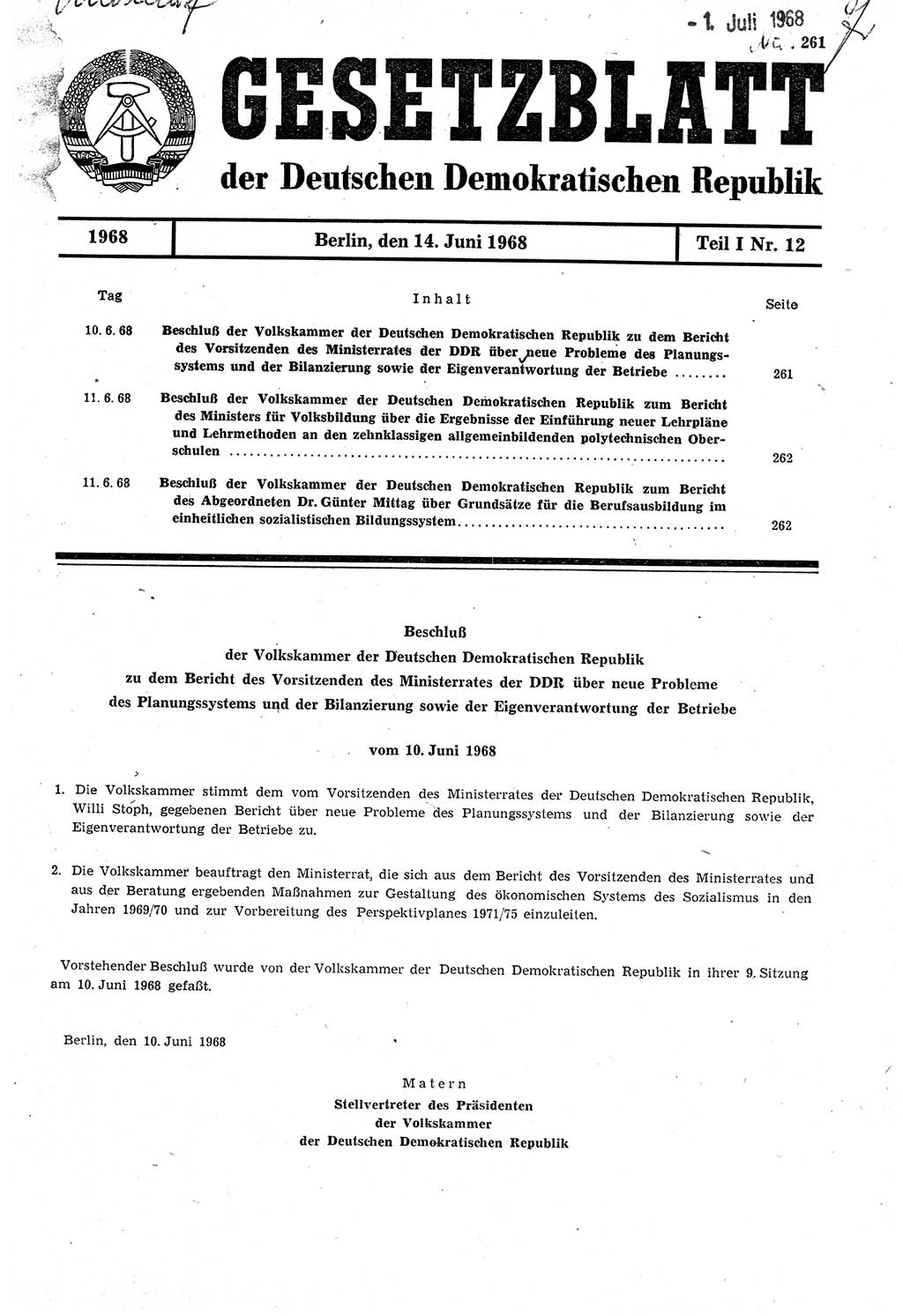 Gesetzblatt (GBl.) der Deutschen Demokratischen Republik (DDR) Teil Ⅰ 1968, Seite 261 (GBl. DDR Ⅰ 1968, S. 261)