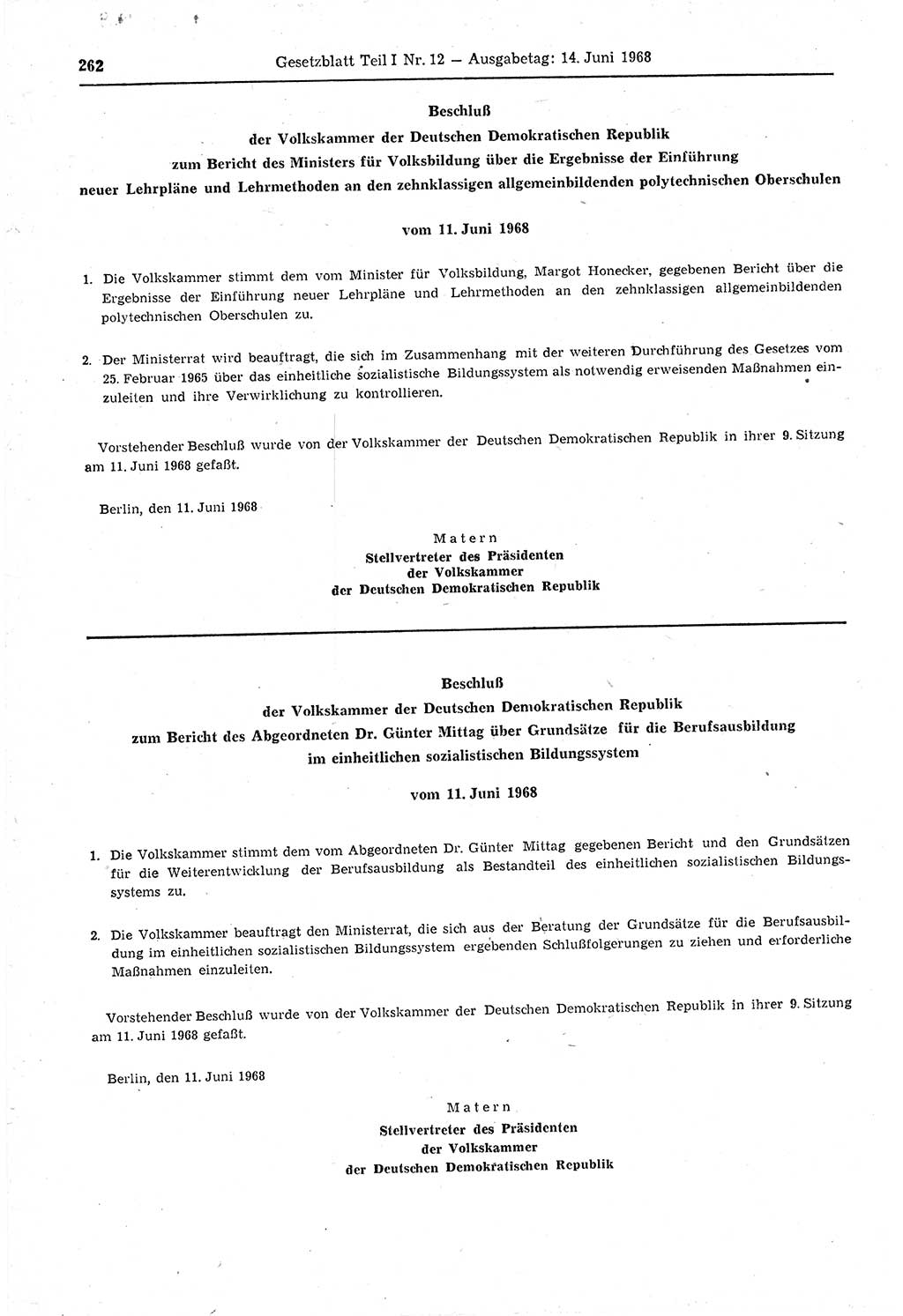 Gesetzblatt (GBl.) der Deutschen Demokratischen Republik (DDR) Teil Ⅰ 1968, Seite 262 (GBl. DDR Ⅰ 1968, S. 262)