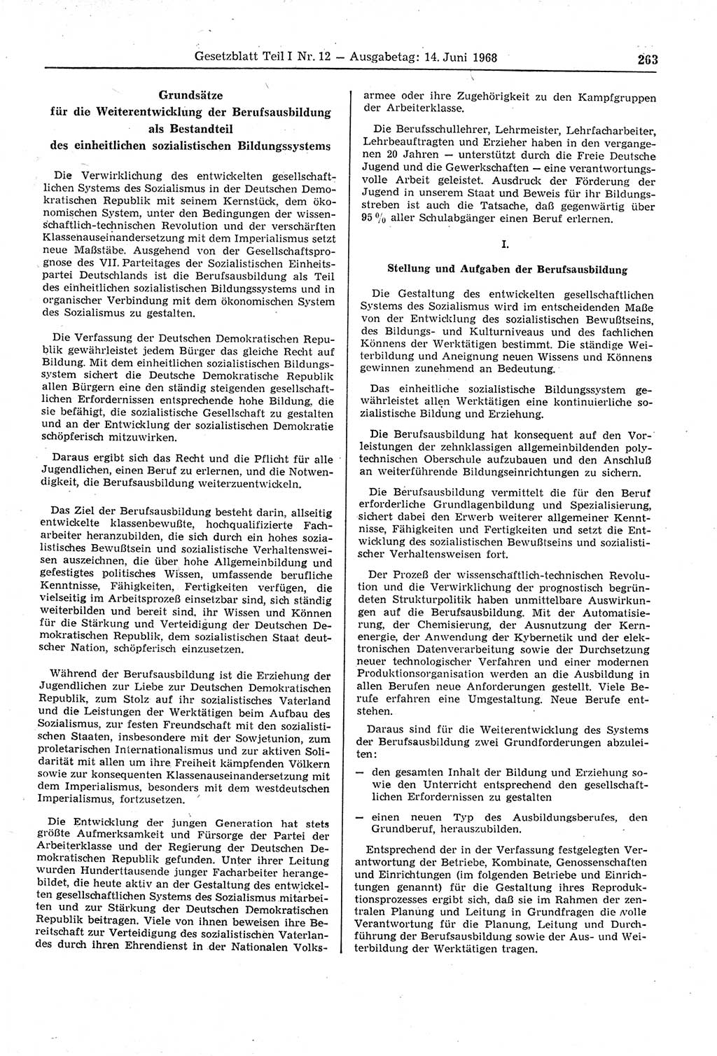 Gesetzblatt (GBl.) der Deutschen Demokratischen Republik (DDR) Teil Ⅰ 1968, Seite 263 (GBl. DDR Ⅰ 1968, S. 263)