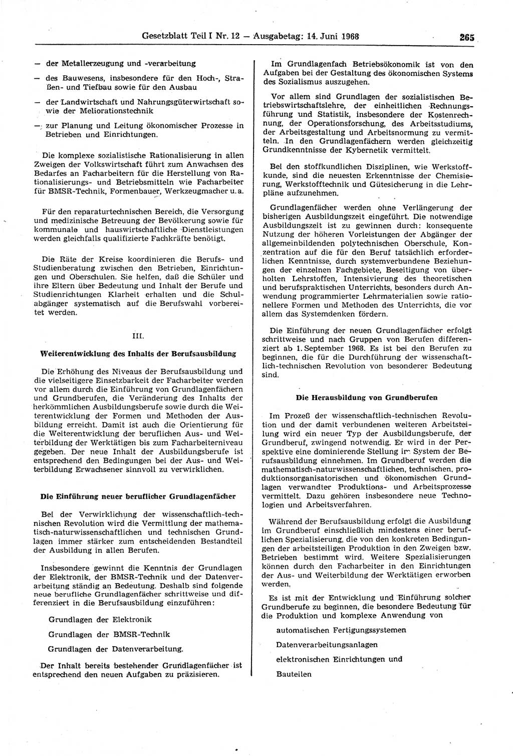 Gesetzblatt (GBl.) der Deutschen Demokratischen Republik (DDR) Teil Ⅰ 1968, Seite 265 (GBl. DDR Ⅰ 1968, S. 265)
