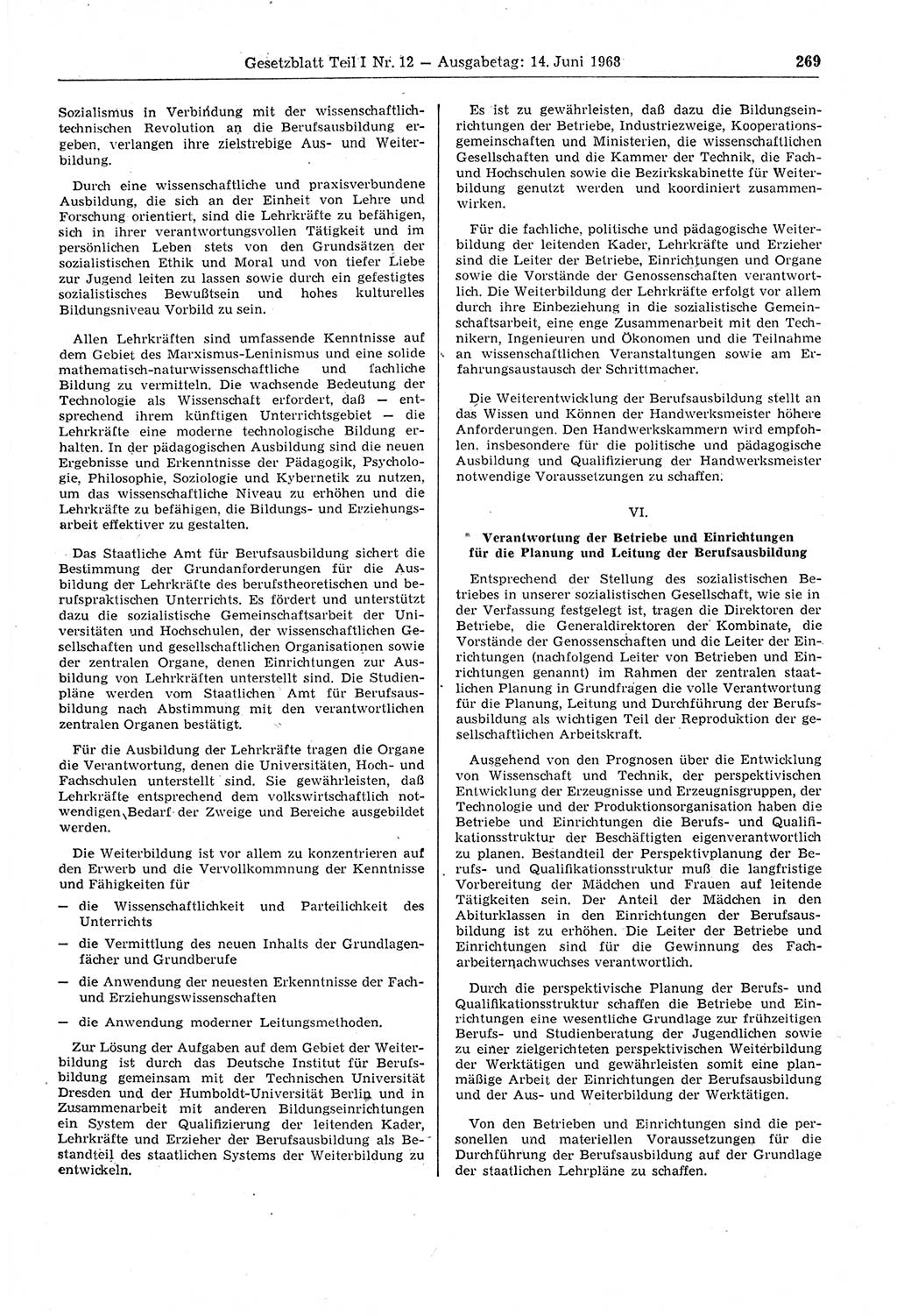 Gesetzblatt (GBl.) der Deutschen Demokratischen Republik (DDR) Teil Ⅰ 1968, Seite 269 (GBl. DDR Ⅰ 1968, S. 269)