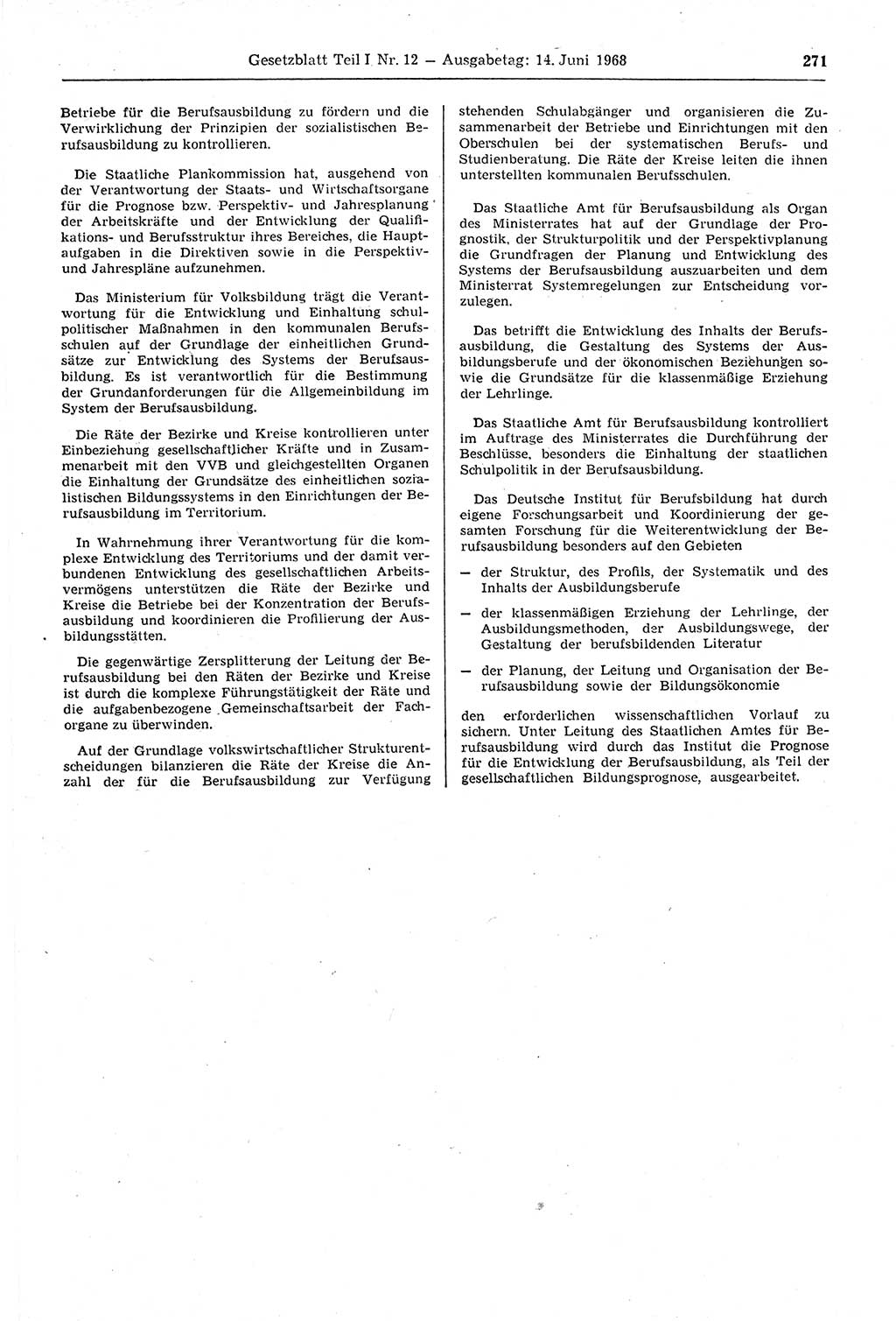 Gesetzblatt (GBl.) der Deutschen Demokratischen Republik (DDR) Teil Ⅰ 1968, Seite 271 (GBl. DDR Ⅰ 1968, S. 271)