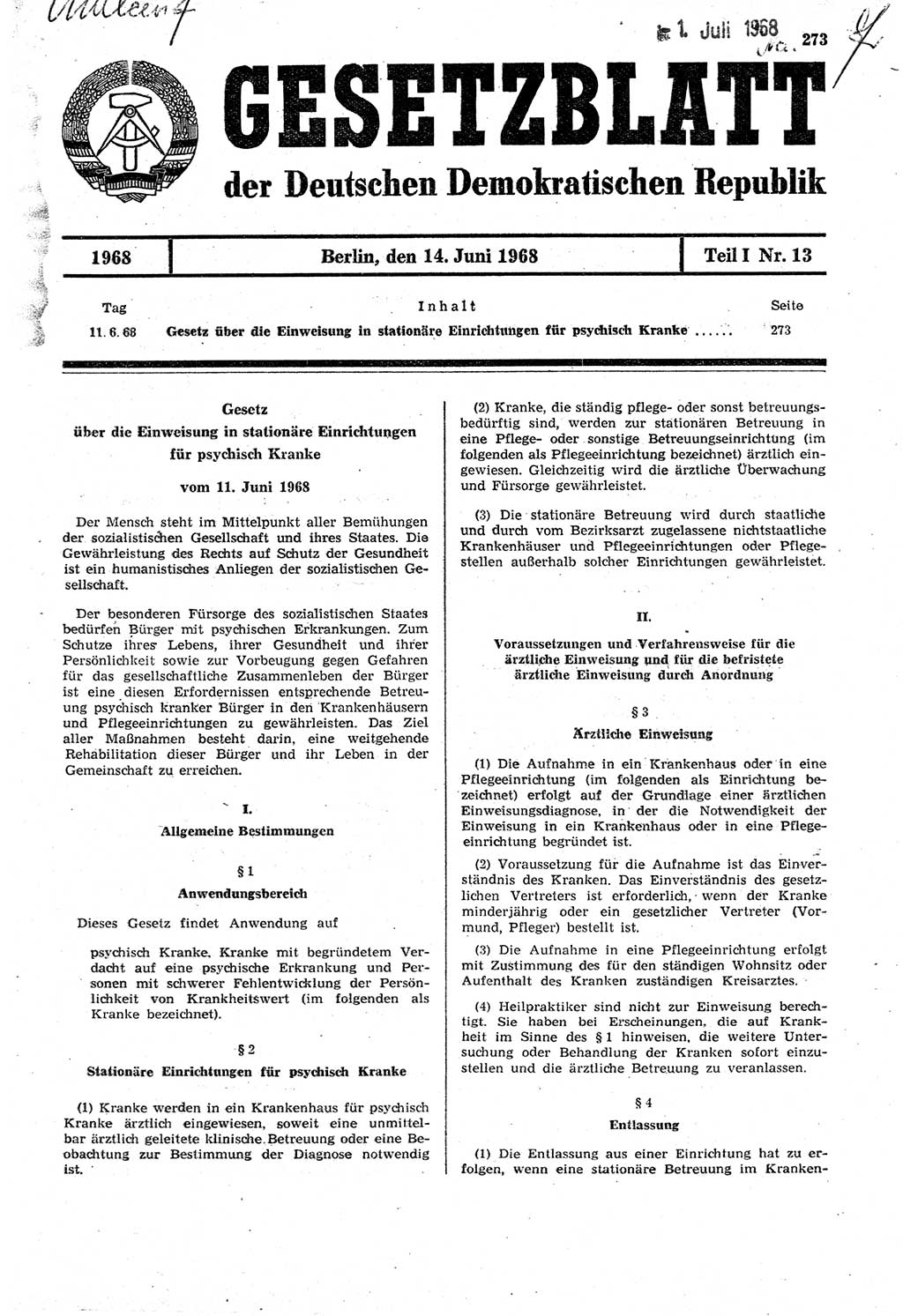 Gesetzblatt (GBl.) der Deutschen Demokratischen Republik (DDR) Teil Ⅰ 1968, Seite 273 (GBl. DDR Ⅰ 1968, S. 273)