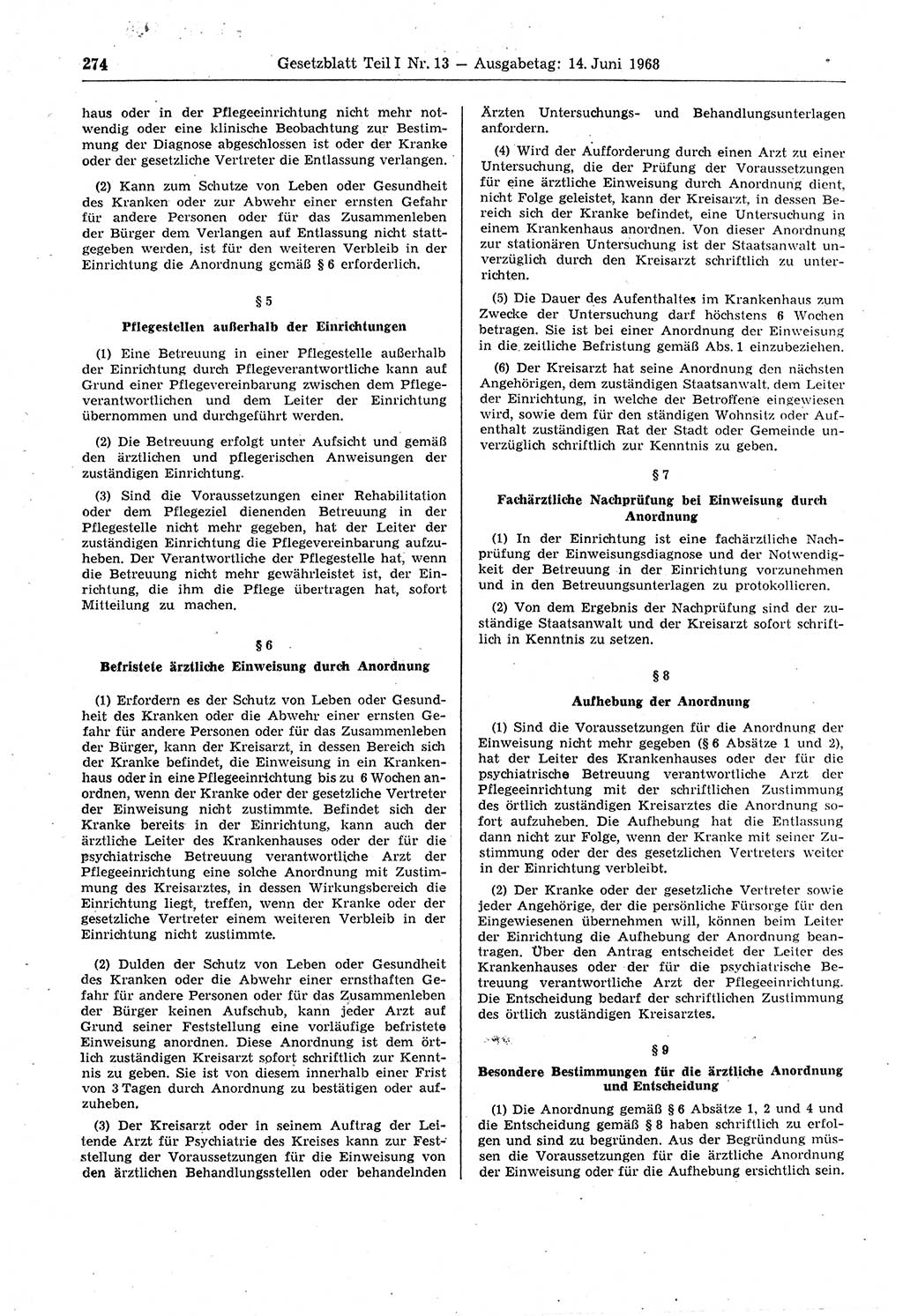 Gesetzblatt (GBl.) der Deutschen Demokratischen Republik (DDR) Teil Ⅰ 1968, Seite 274 (GBl. DDR Ⅰ 1968, S. 274)