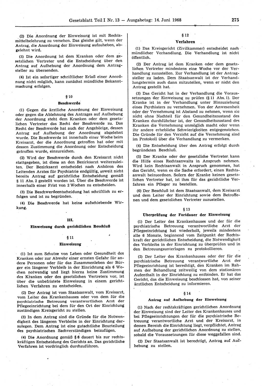 Gesetzblatt (GBl.) der Deutschen Demokratischen Republik (DDR) Teil Ⅰ 1968, Seite 275 (GBl. DDR Ⅰ 1968, S. 275)
