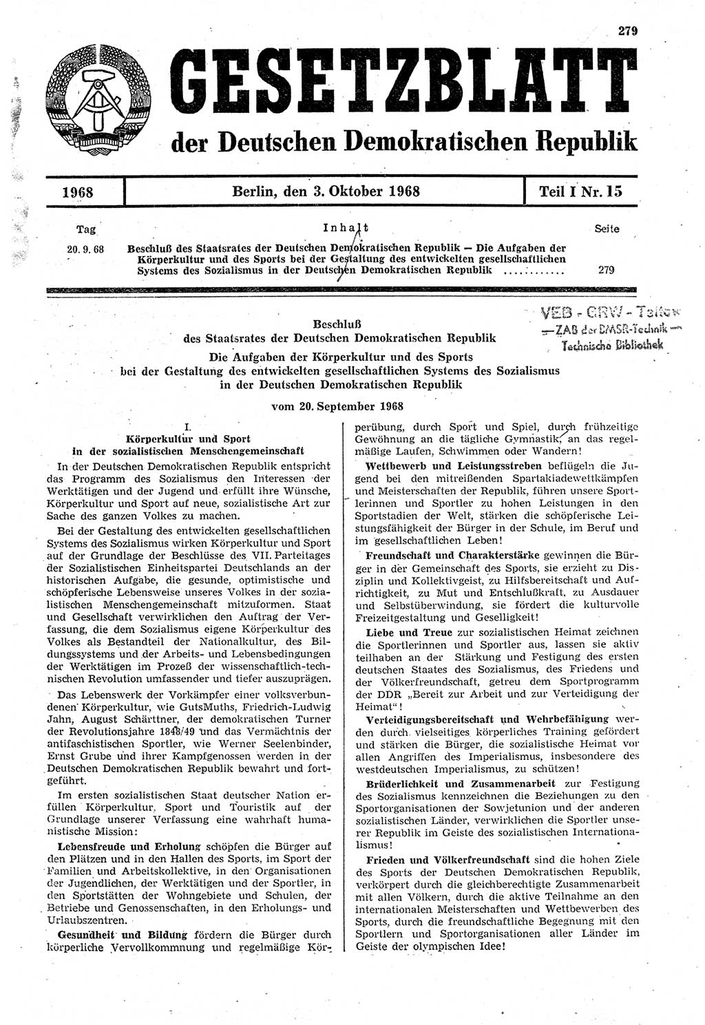 Gesetzblatt (GBl.) der Deutschen Demokratischen Republik (DDR) Teil Ⅰ 1968, Seite 279 (GBl. DDR Ⅰ 1968, S. 279)